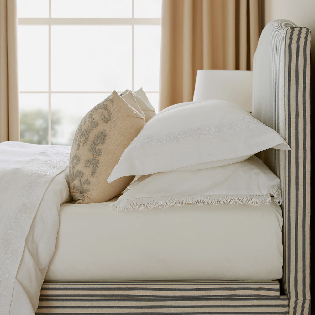 Chilworth Upholstered Ottoman Storage Bed in Blue Stripe Linen Blend
