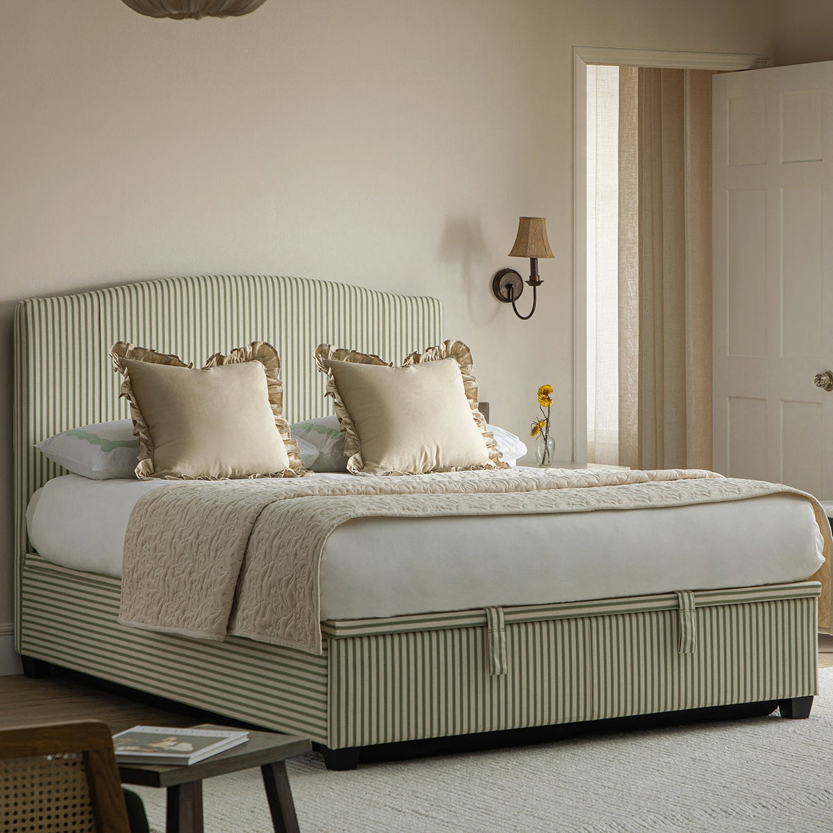 Chilworth Upholstered Ottoman Storage Bed in Green Stripe Linen Blend