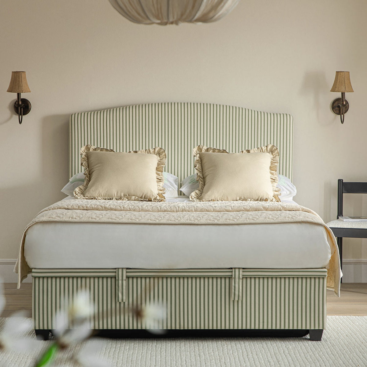 Chilworth Upholstered Ottoman Storage Bed in Green Stripe Linen Blend