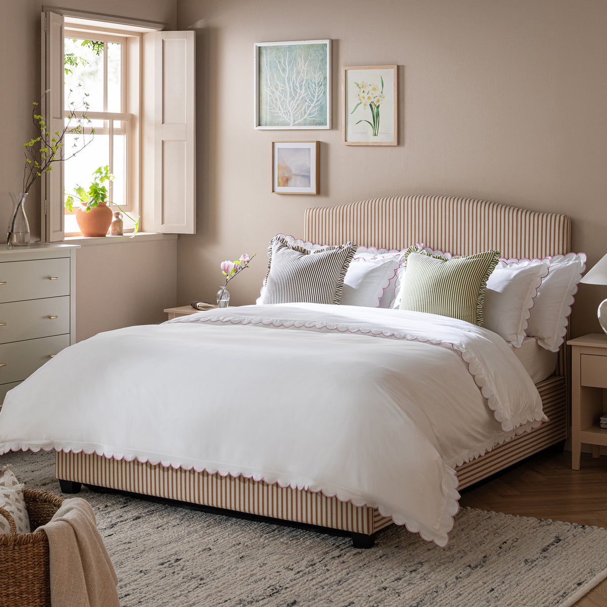 Chilworth Upholstered Ottoman Storage Bed in Ochre Stripe Linen Blend