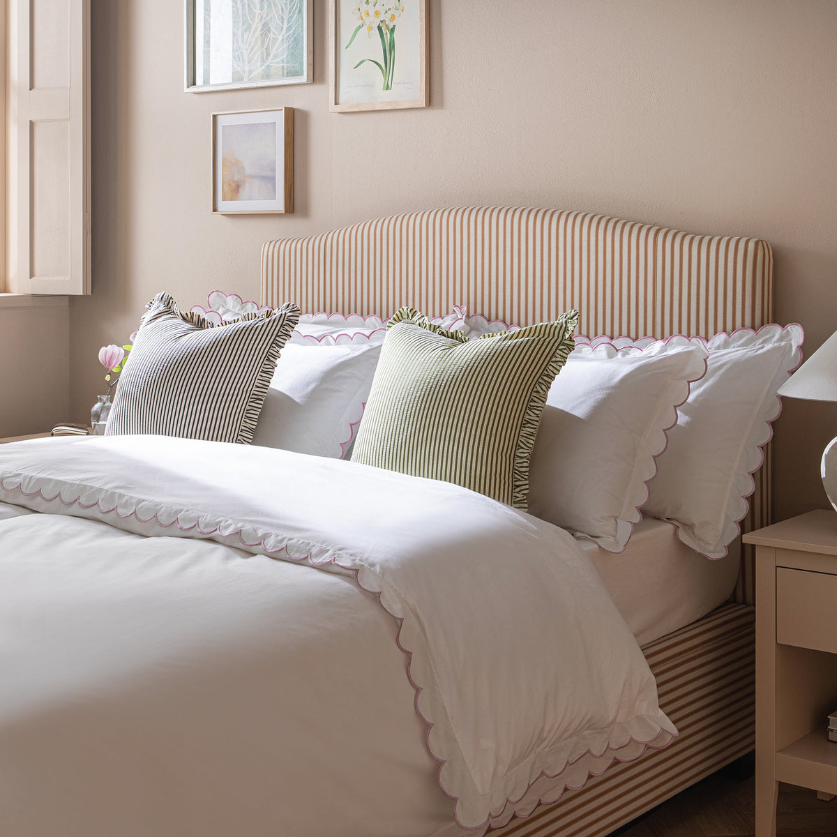Chilworth Upholstered Ottoman Storage Bed in Ochre Stripe Linen Blend