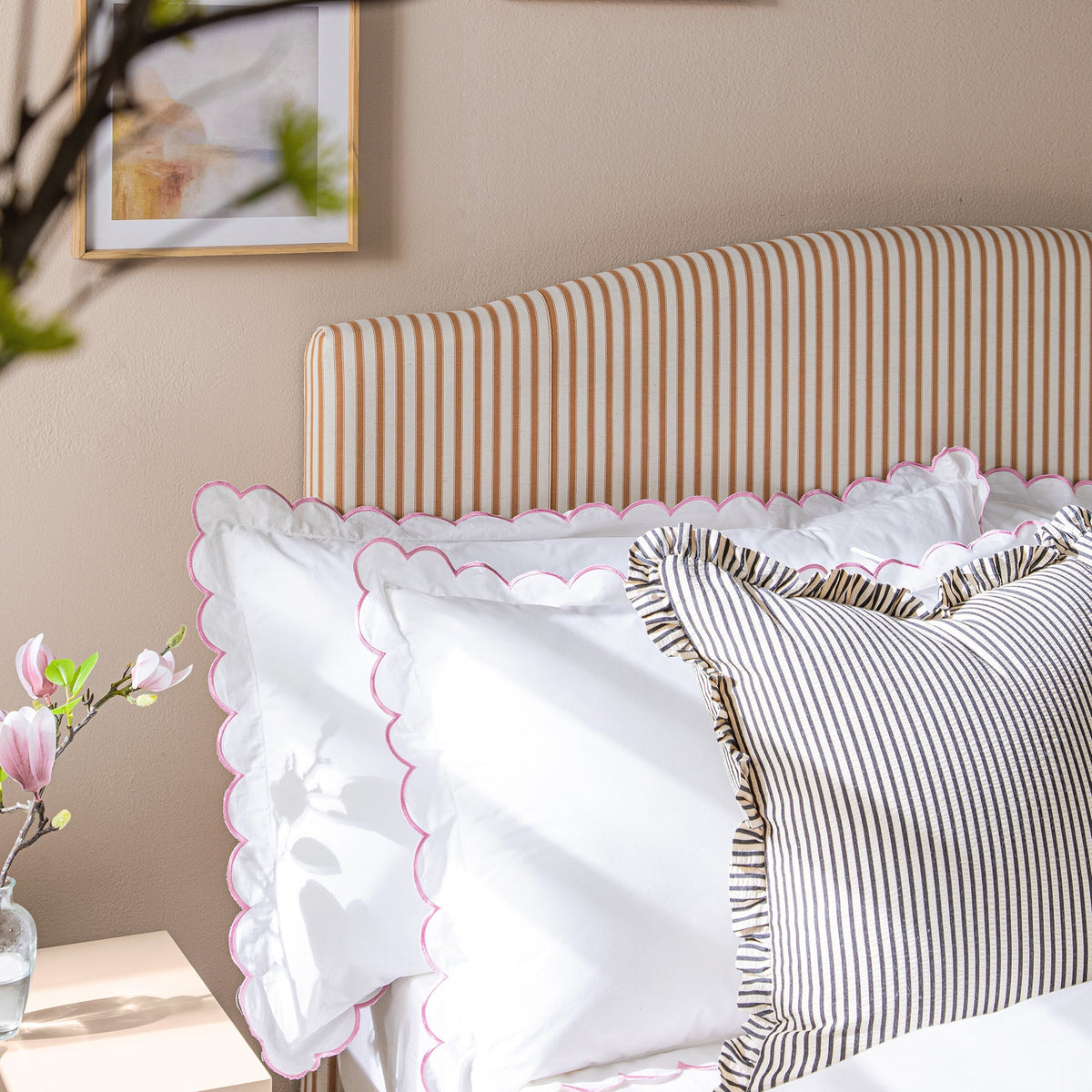 Chilworth Upholstered Ottoman Storage Bed in Ochre Stripe Linen Blend