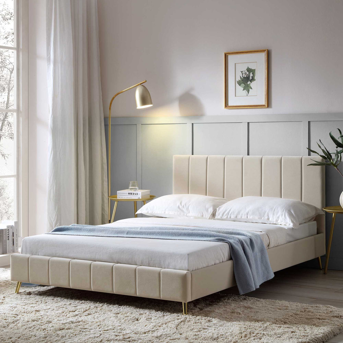Sylvie Velvet Upholstered Bed Frame with Golden Chrome Legs in Champagne Velvet