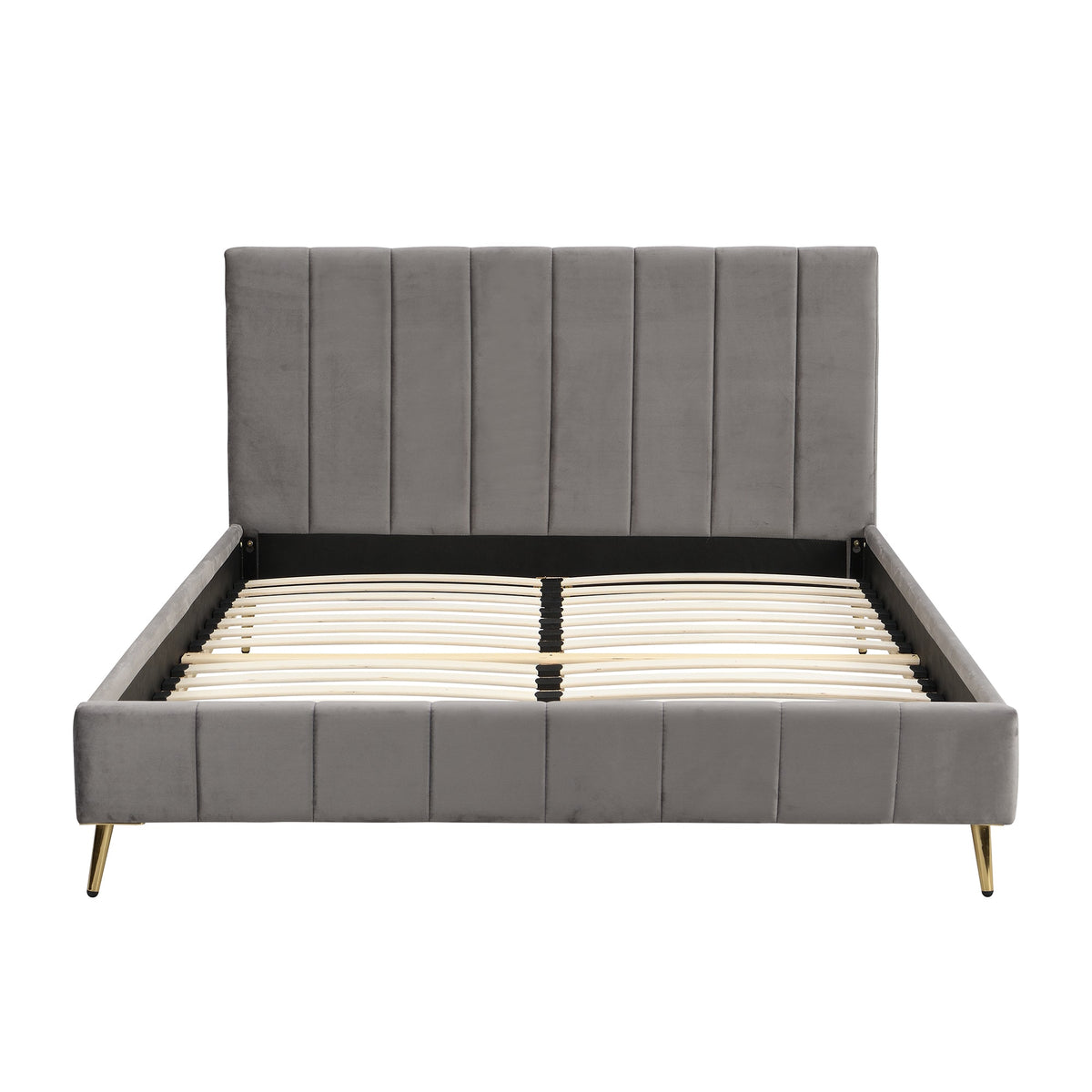 Sylvie Velvet Upholstered Bed Frame with Golden Chrome Legs in Grey