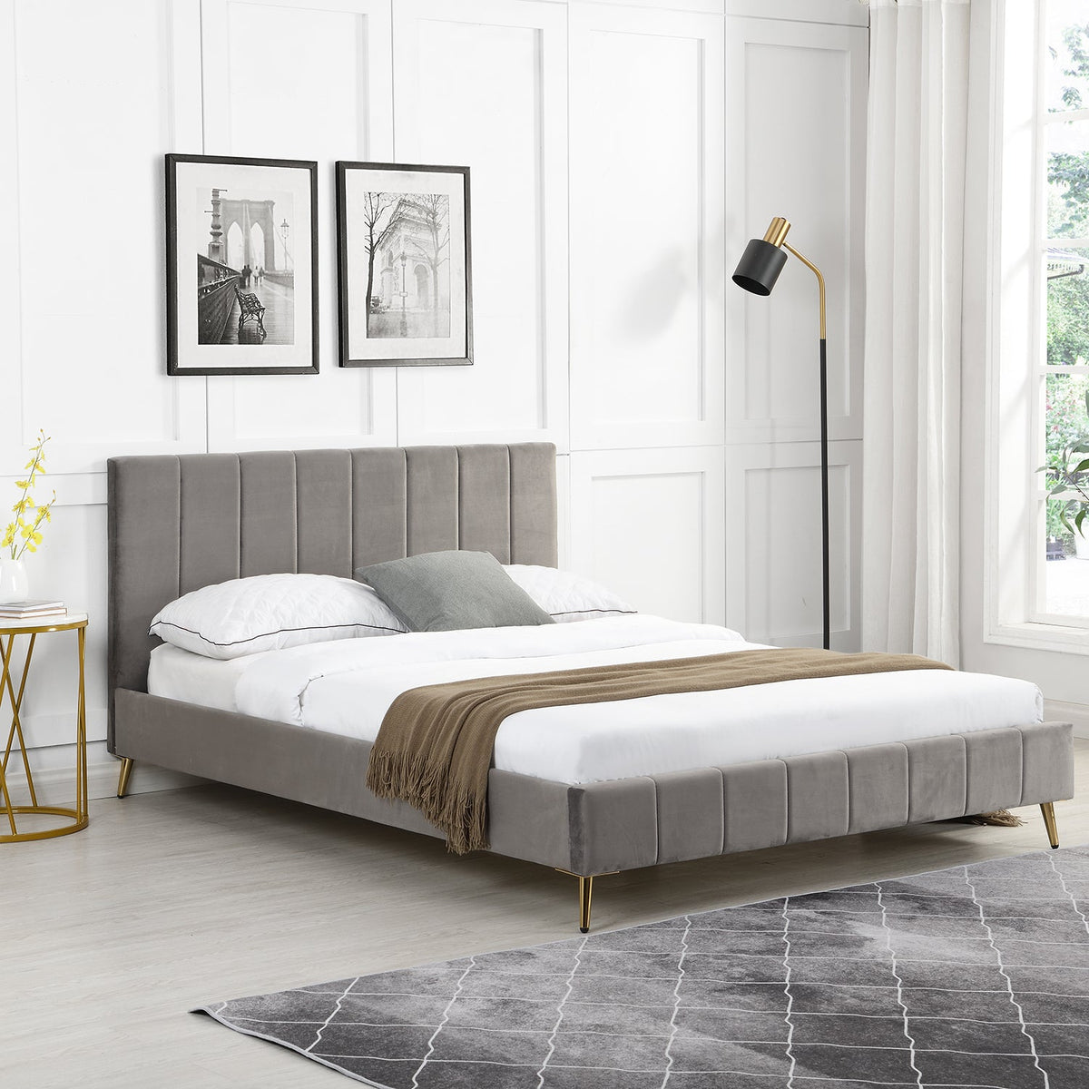 Sylvie Velvet Upholstered Bed Frame with Golden Chrome Legs in Grey