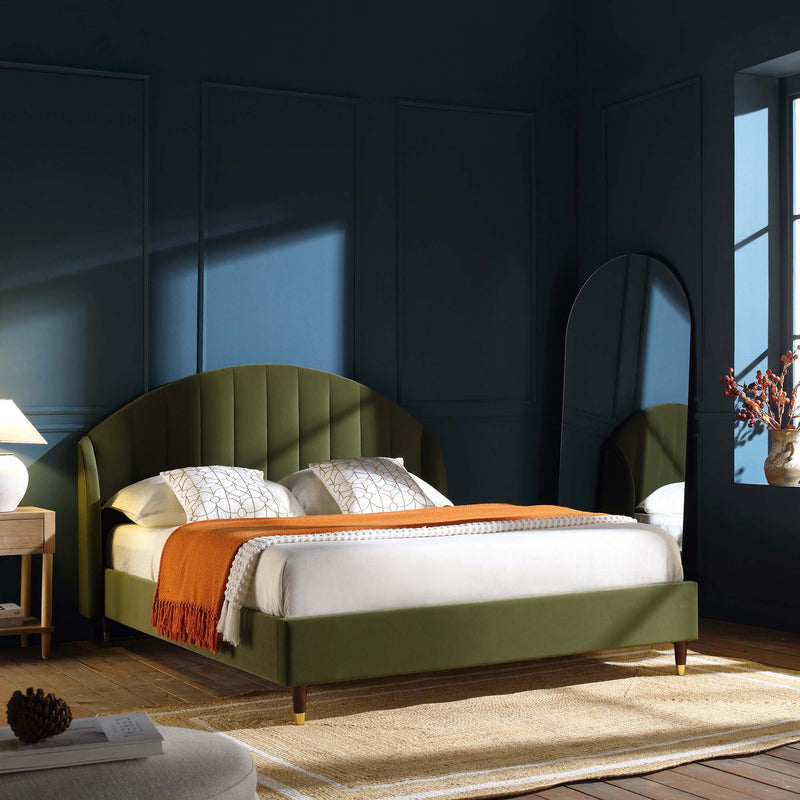 Eleanor Upholstered Bed Frame with Domed Headboard in Moss Green Velvet