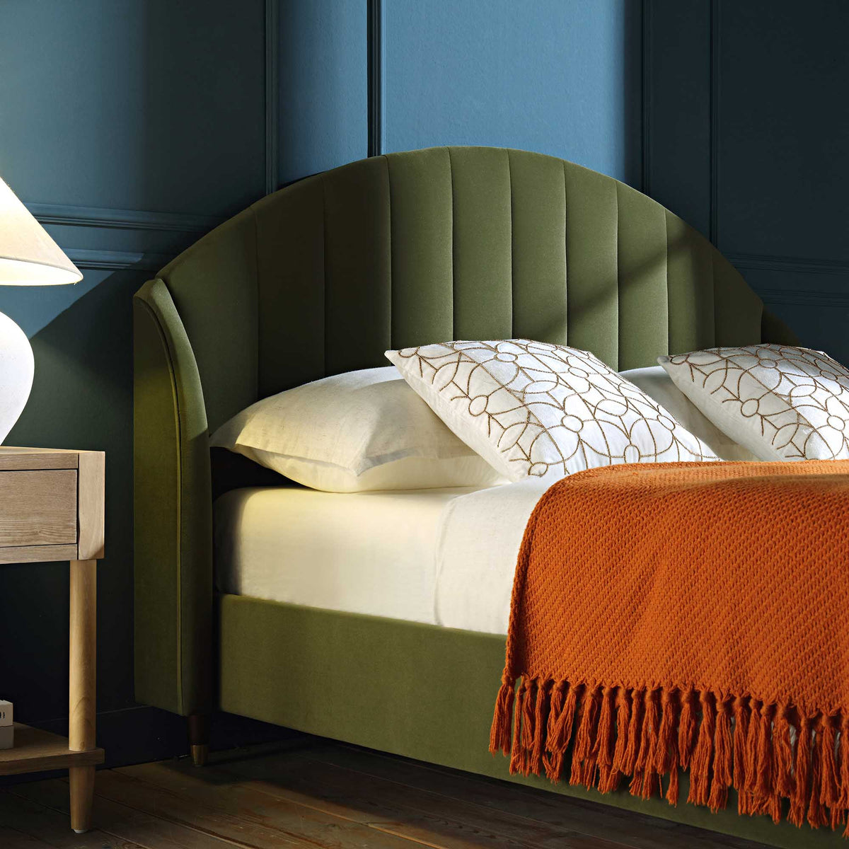 Eleanor Upholstered Bed Frame with Domed Headboard in Moss Green Velvet