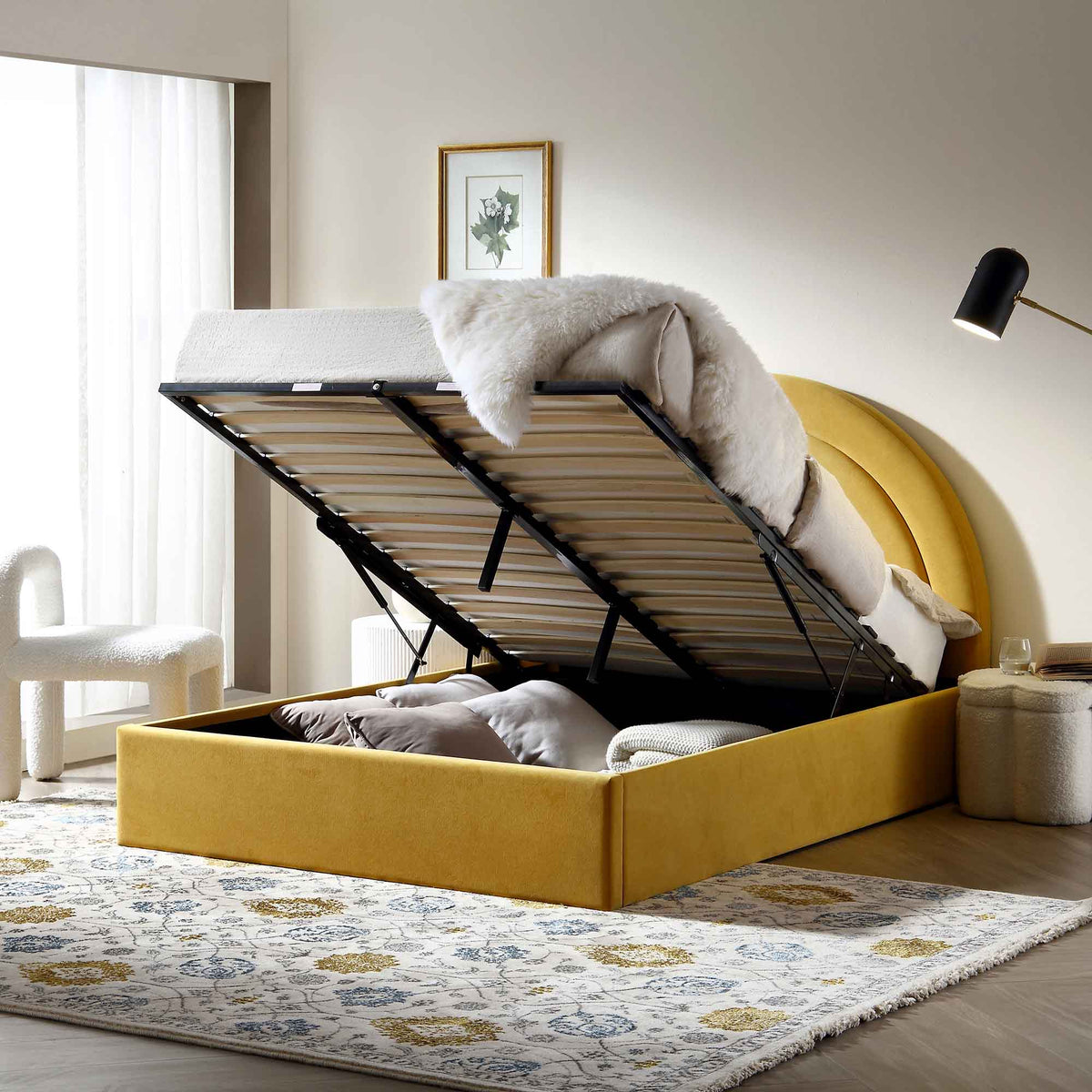 Archer Ottoman Storage Bed in Mustard Yellow Velvet
