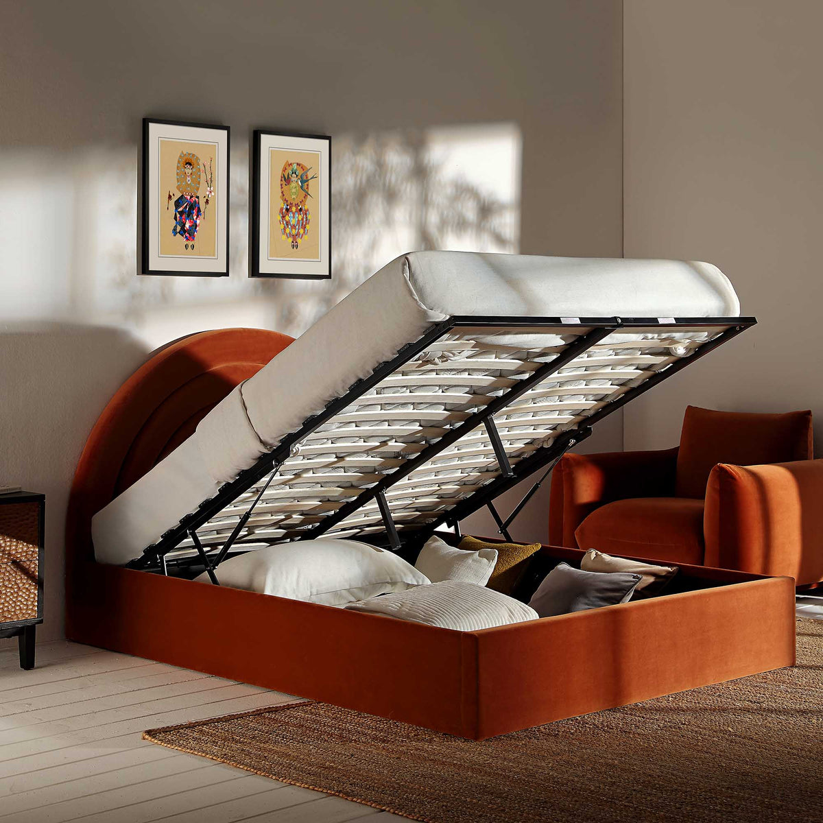 Archer Ottoman Storage Bed in Rust Velvet