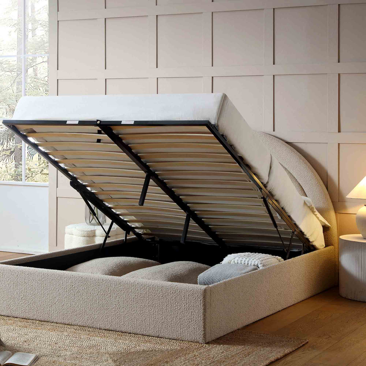 Archer Ottoman Storage Bed in Taupe Boucle
