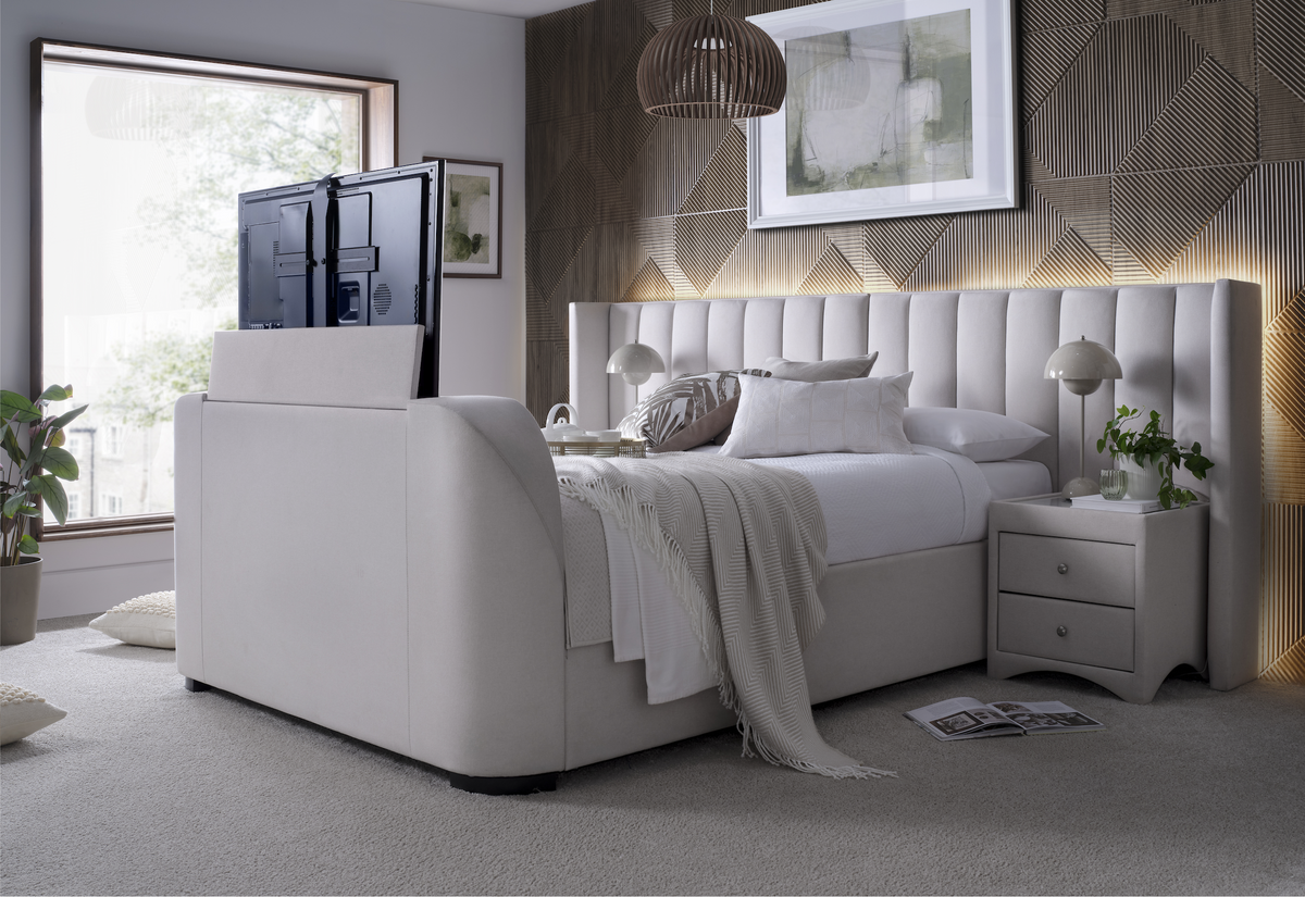 Milan Ottoman TV Bed in Natural Cream with 2 Side Units — view 10