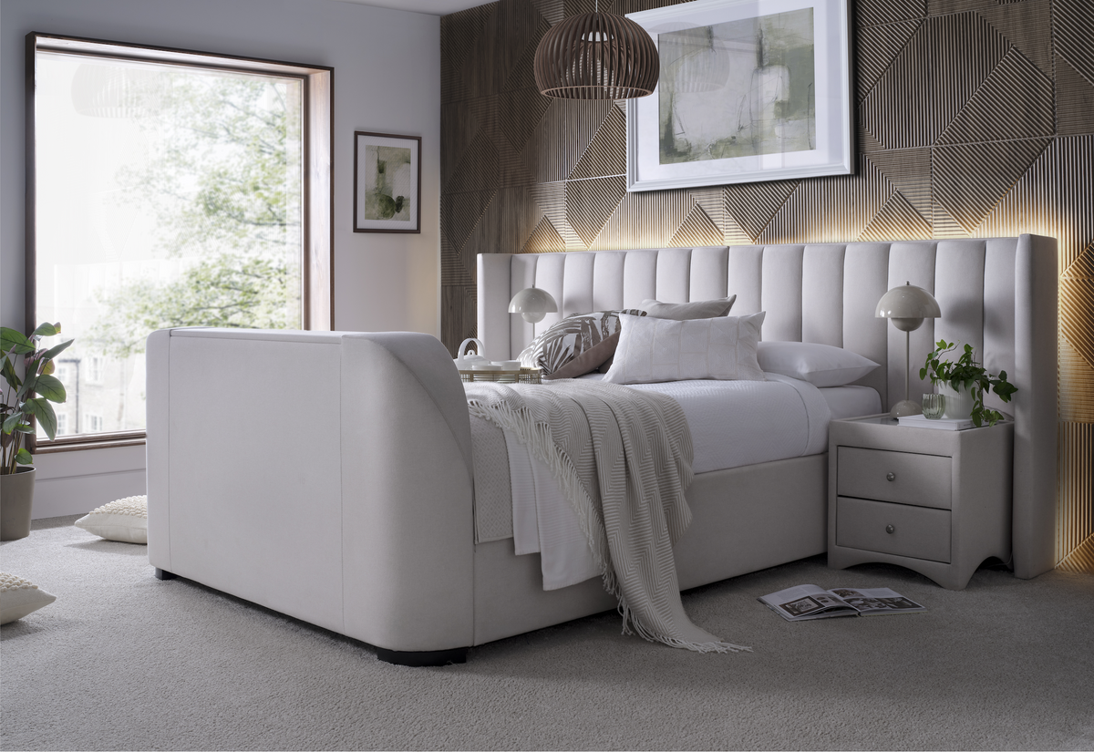 Milan Ottoman TV Bed in Natural Cream with 2 Side Units — view 9