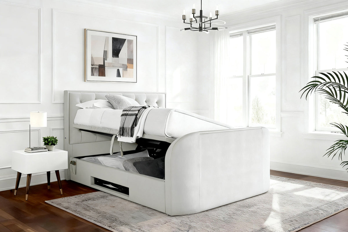 Lyon Double TV Bed Ottoman Storage 2.1 Sound System & 43" TV Capacity in Natural Velvet — view 2