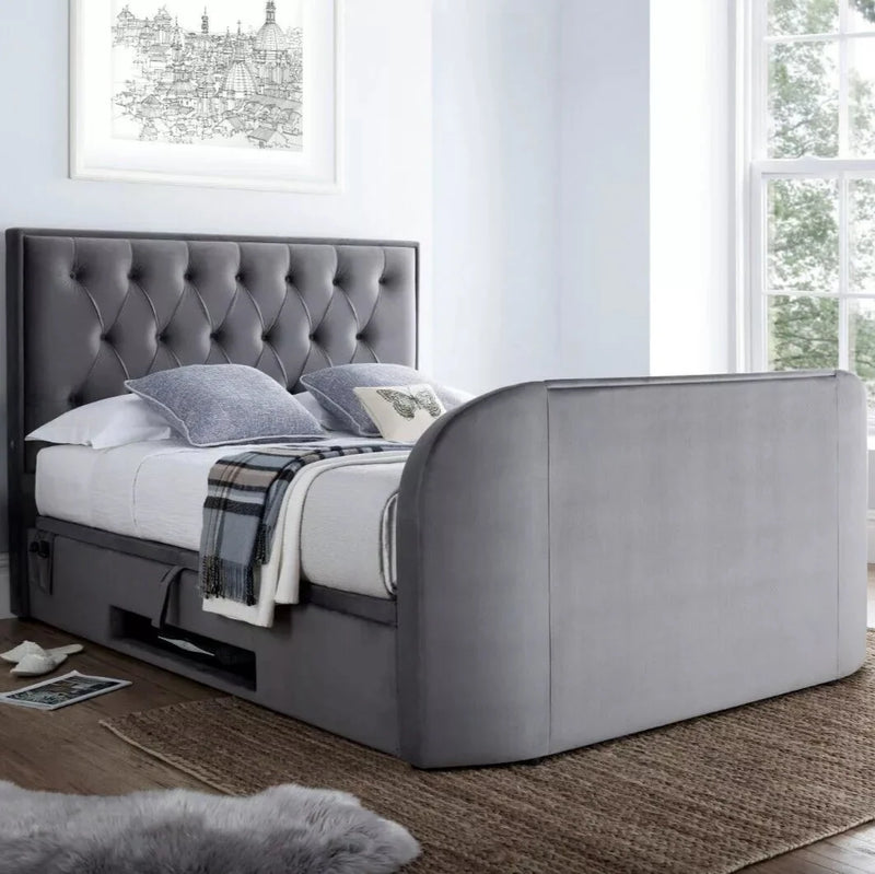 Lyon 2.1 King Size Ottoman TV Bed with Smart HD TV & Built in Speakers in Grey Velvet With Over