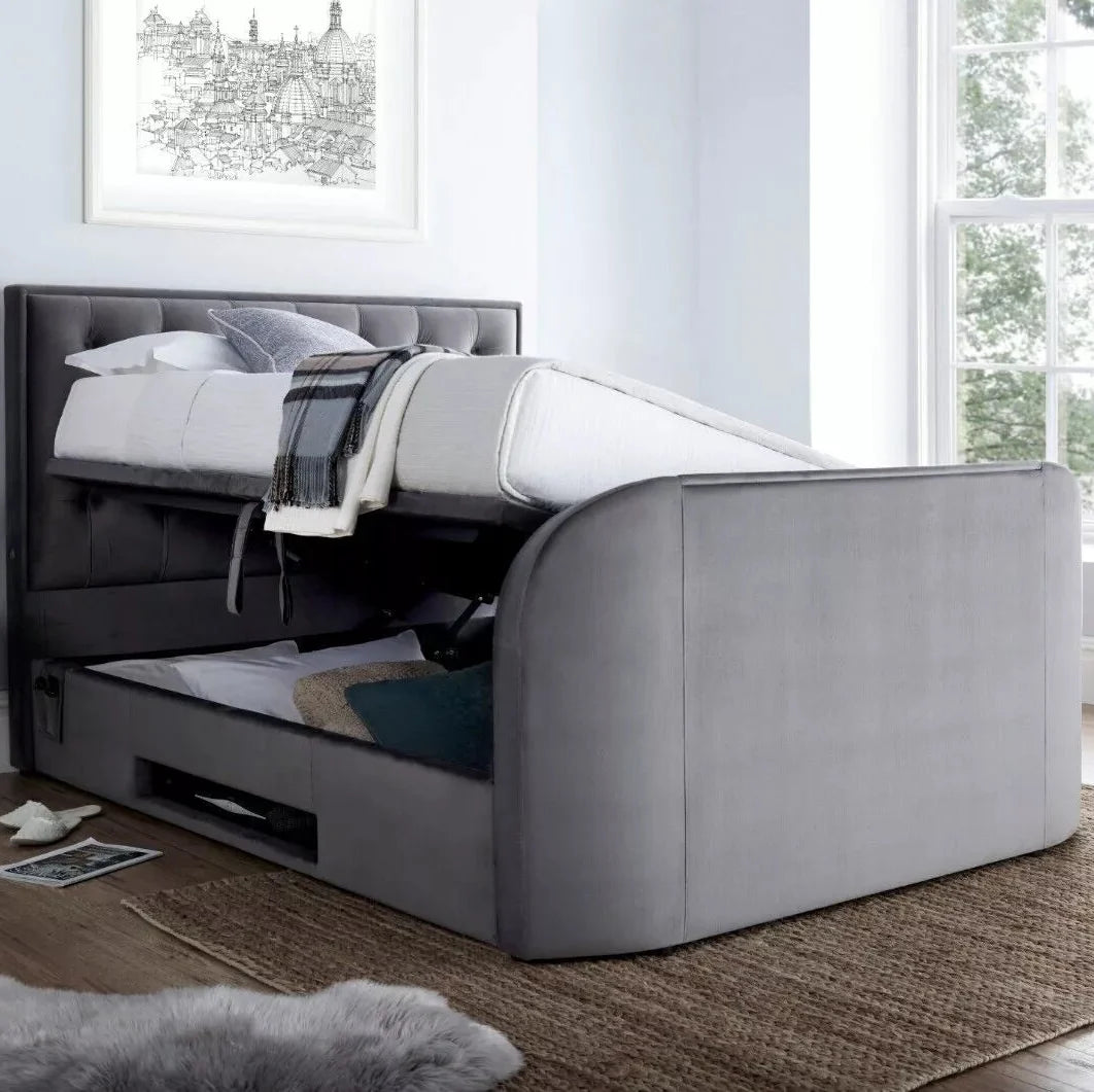 Lyon 2.1 King Size Ottoman TV Bed with Smart HD TV & Built in Speakers in Grey Velvet With Over — view 2