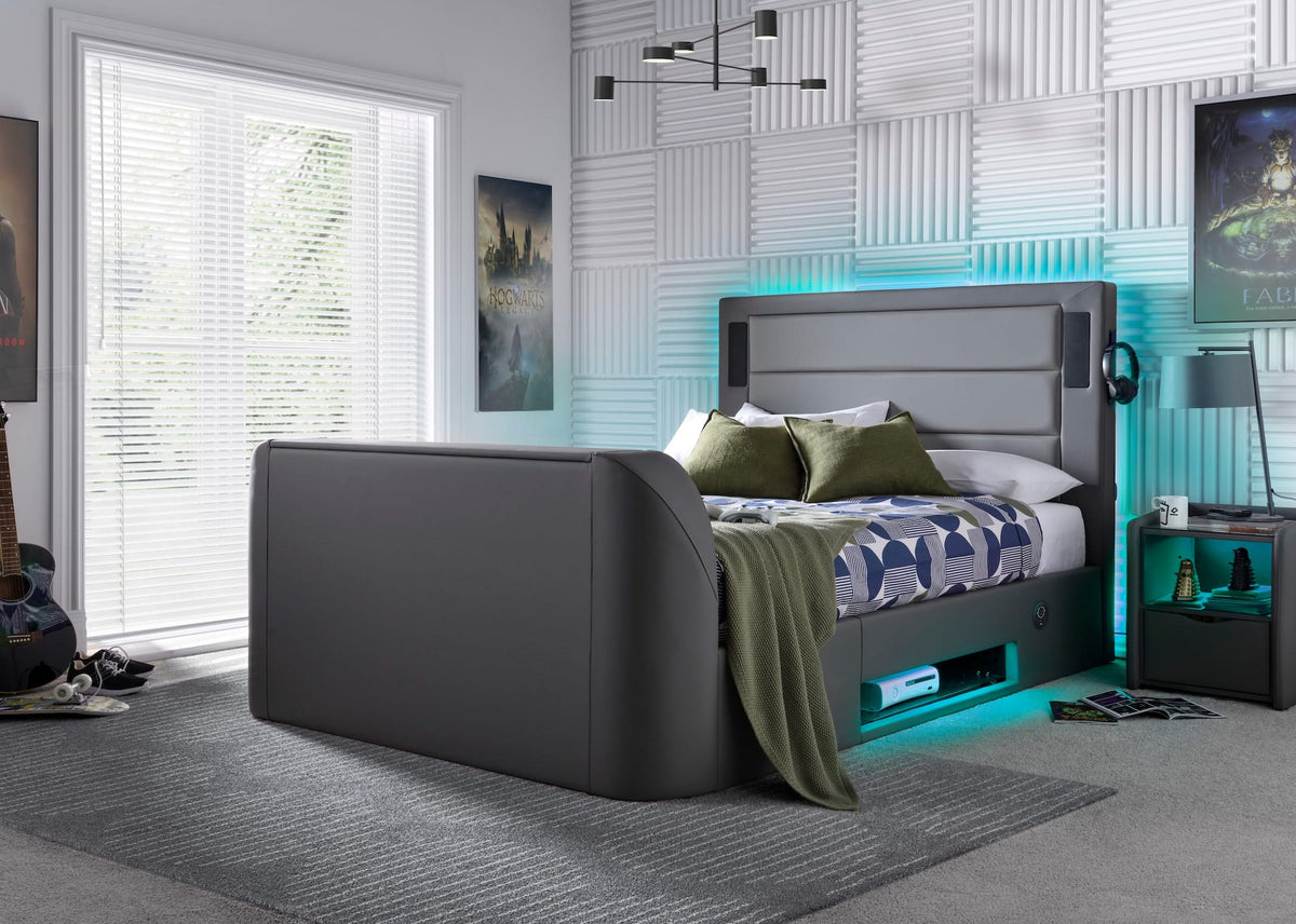 Merlin Gaming TV Bed - two tone Grey PU - 5.1 Surround - Ottoman Storage — view 11
