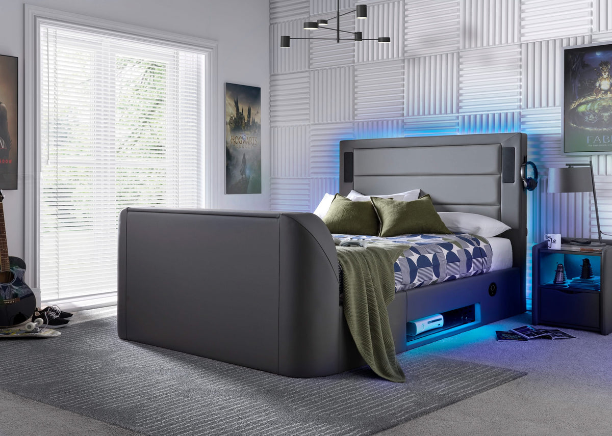 Merlin Gaming TV Bed - two tone Grey PU - 5.1 Surround - Ottoman Storage — view 2