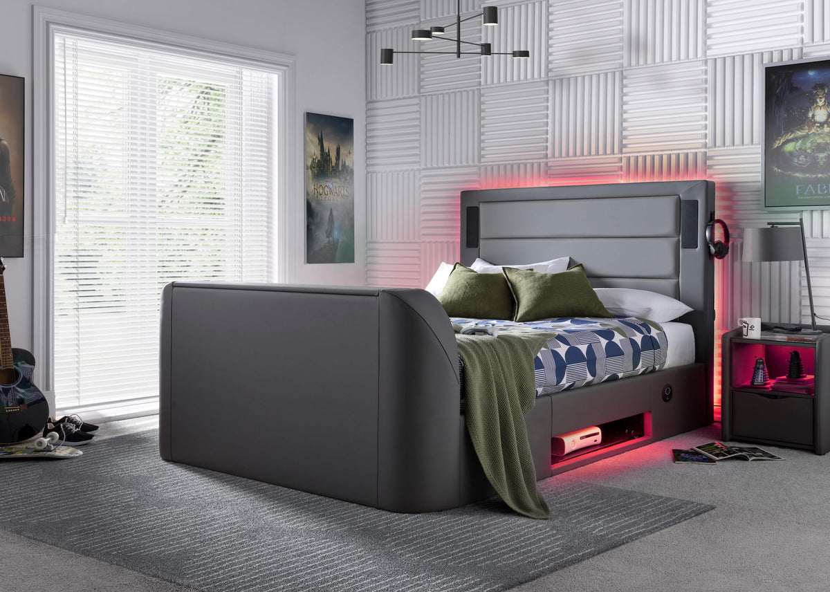 Merlin Gaming TV Bed - two tone Grey PU - 5.1 Surround - Ottoman Storage — view 10