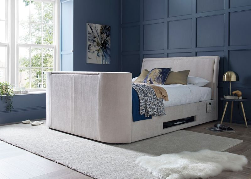 Ardwick Ottoman TV Bed in Natural Oatmeal Fabric With 2.1 Sound Bar & 43" TV Capacity