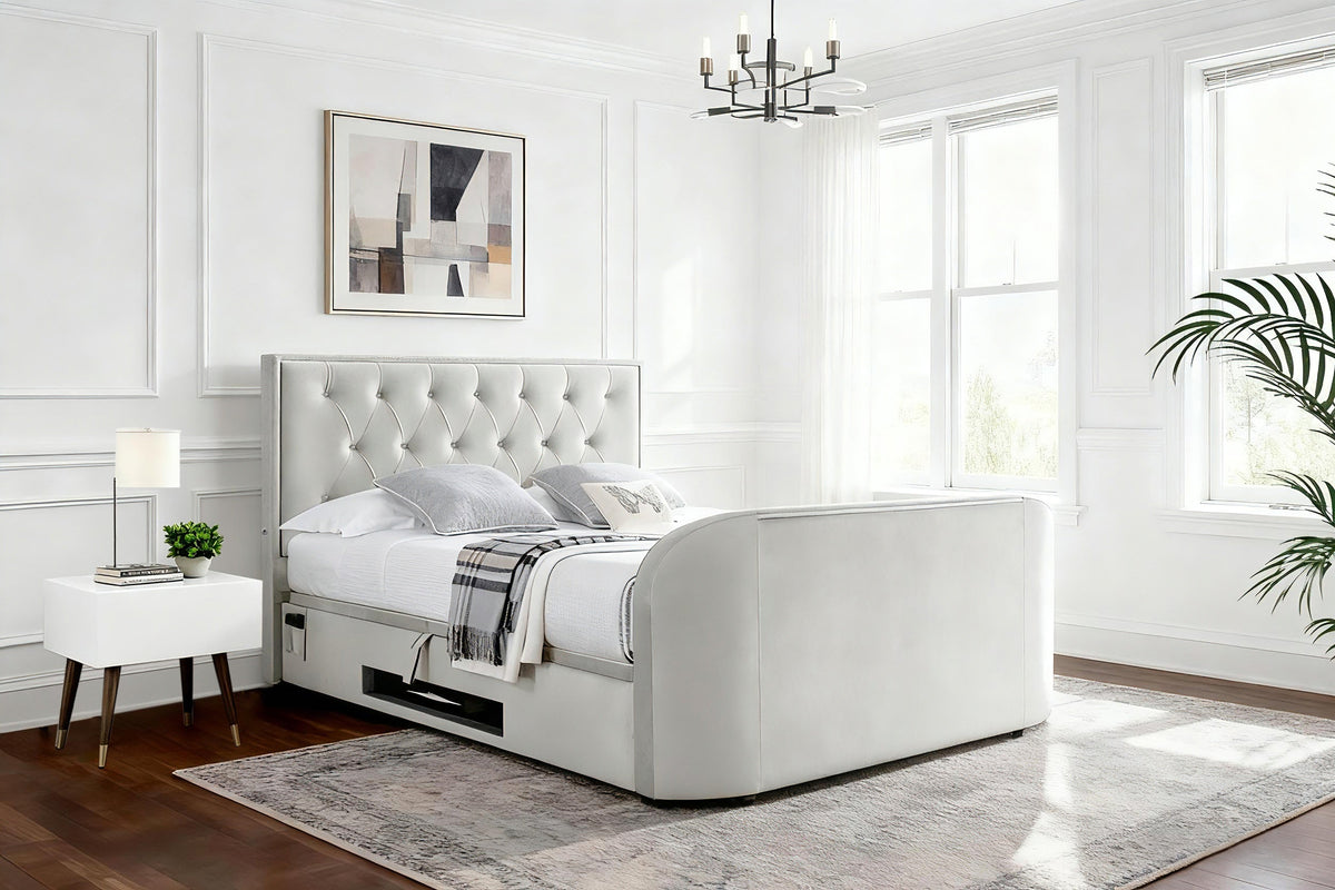 Lyon Double TV Bed Ottoman Storage 2.1 Sound System & 43" TV Capacity in Natural Velvet
