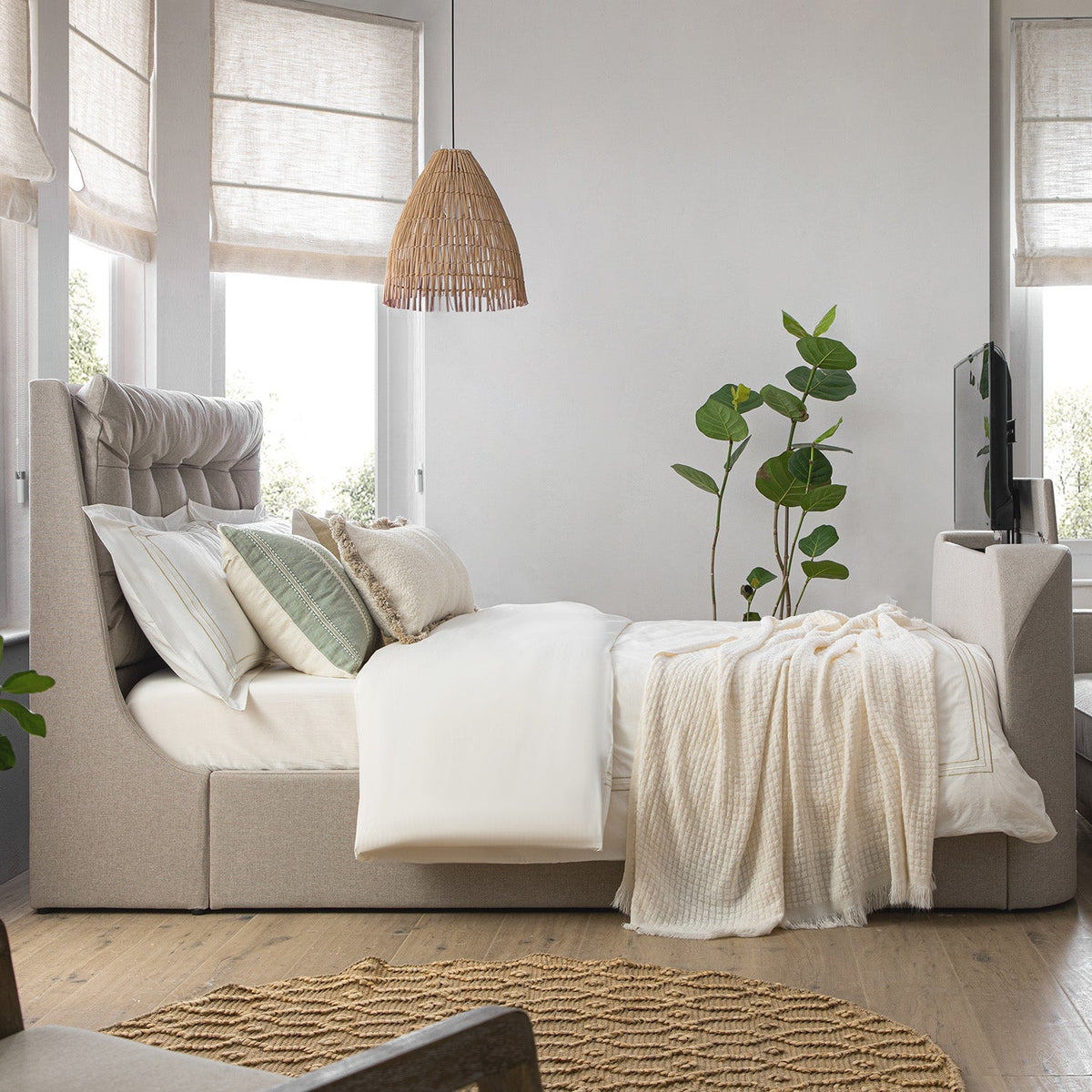 Hadley Ottoman TV Bed in Stone Fabric
