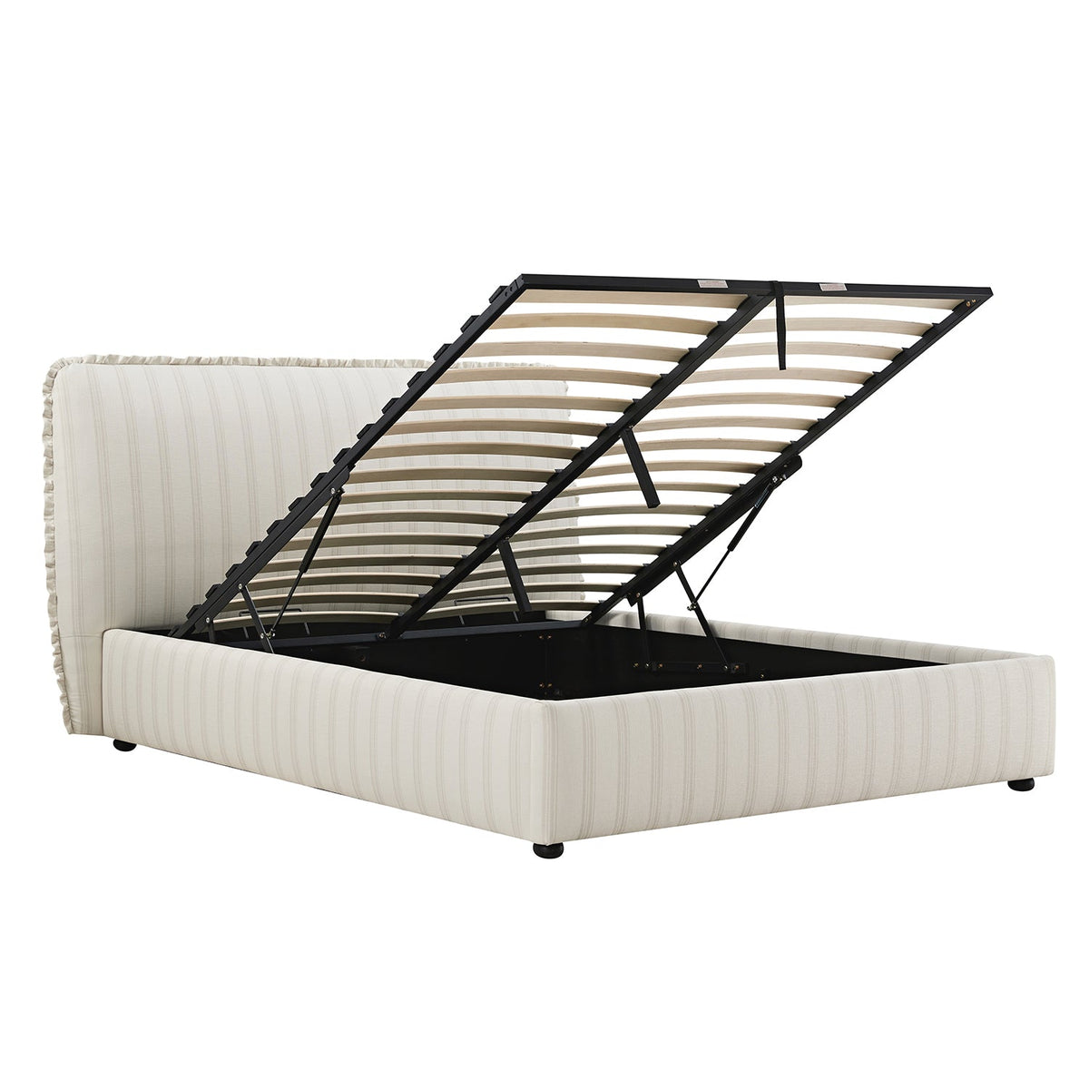 Celeste Upholstered Storage Bed with Ruffled Headboard in Seashell Stripe