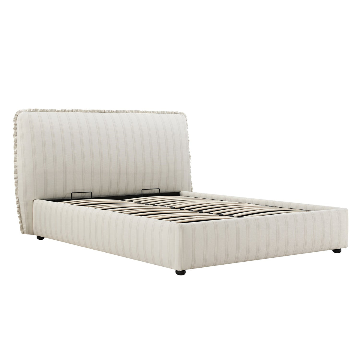 Celeste Upholstered Storage Bed with Ruffled Headboard in Seashell Stripe