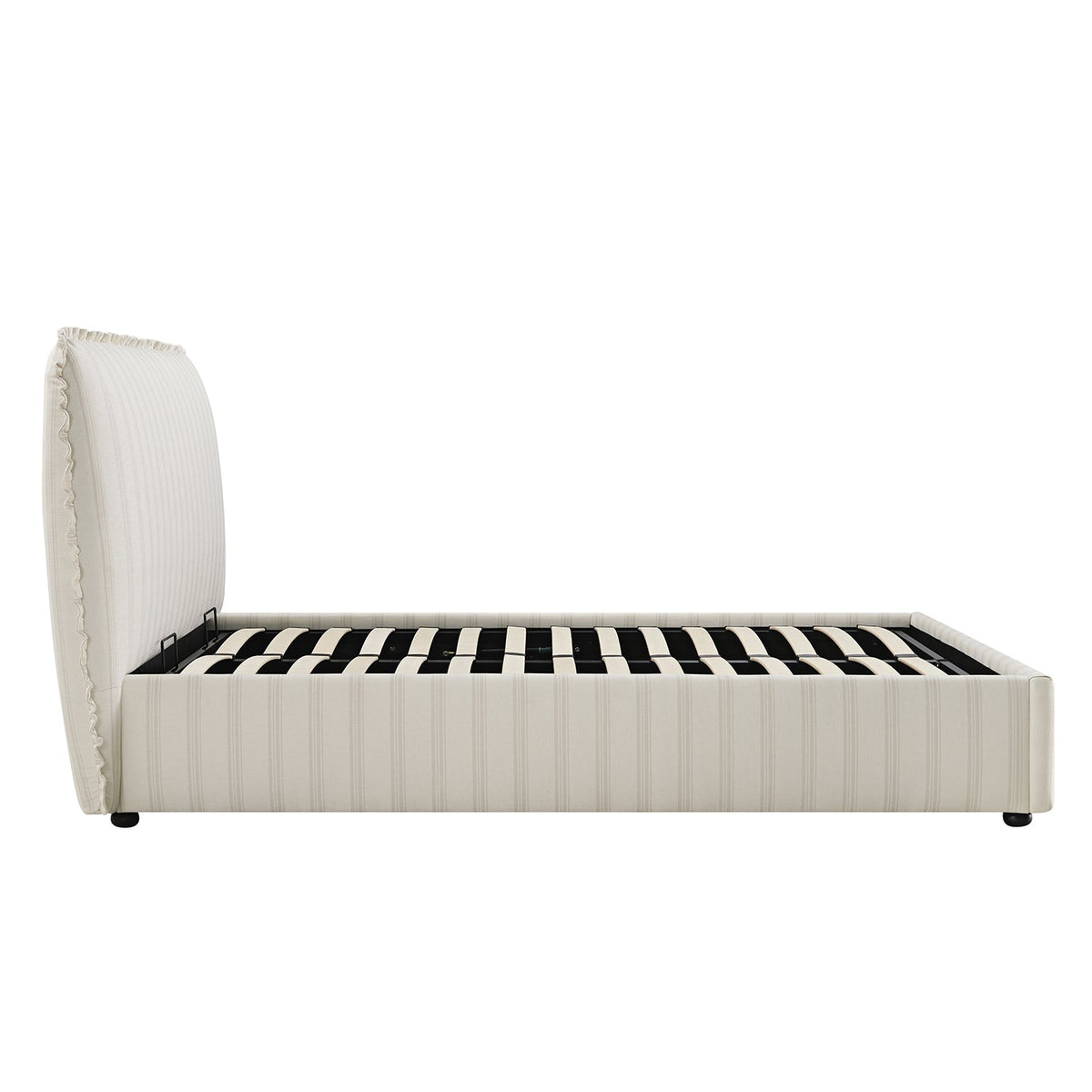 Celeste Upholstered Storage Bed with Ruffled Headboard in Seashell Stripe