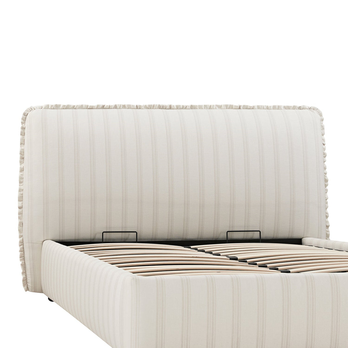 Celeste Upholstered Storage Bed with Ruffled Headboard in Seashell Stripe