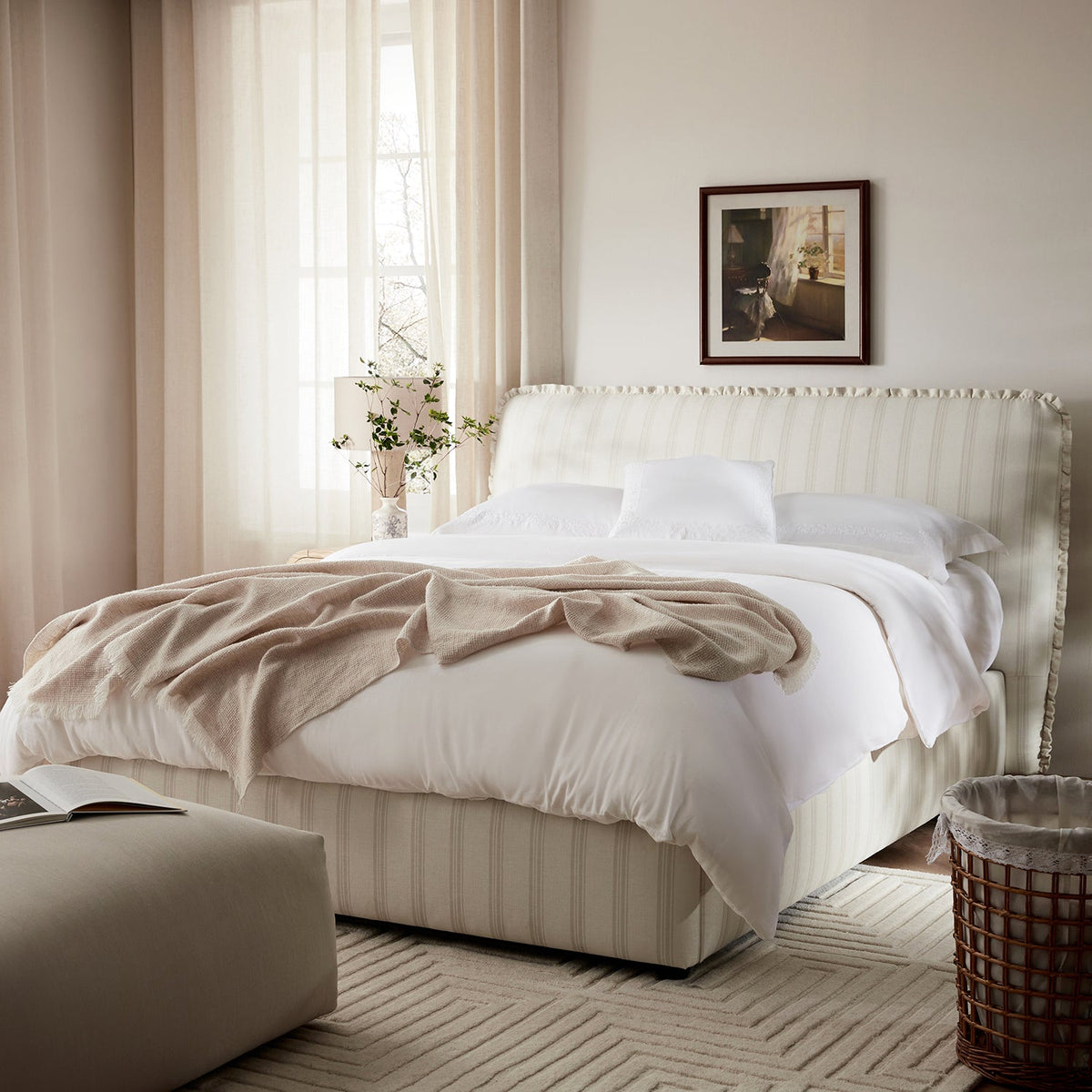 Celeste Upholstered Storage Bed with Ruffled Headboard in Seashell Stripe