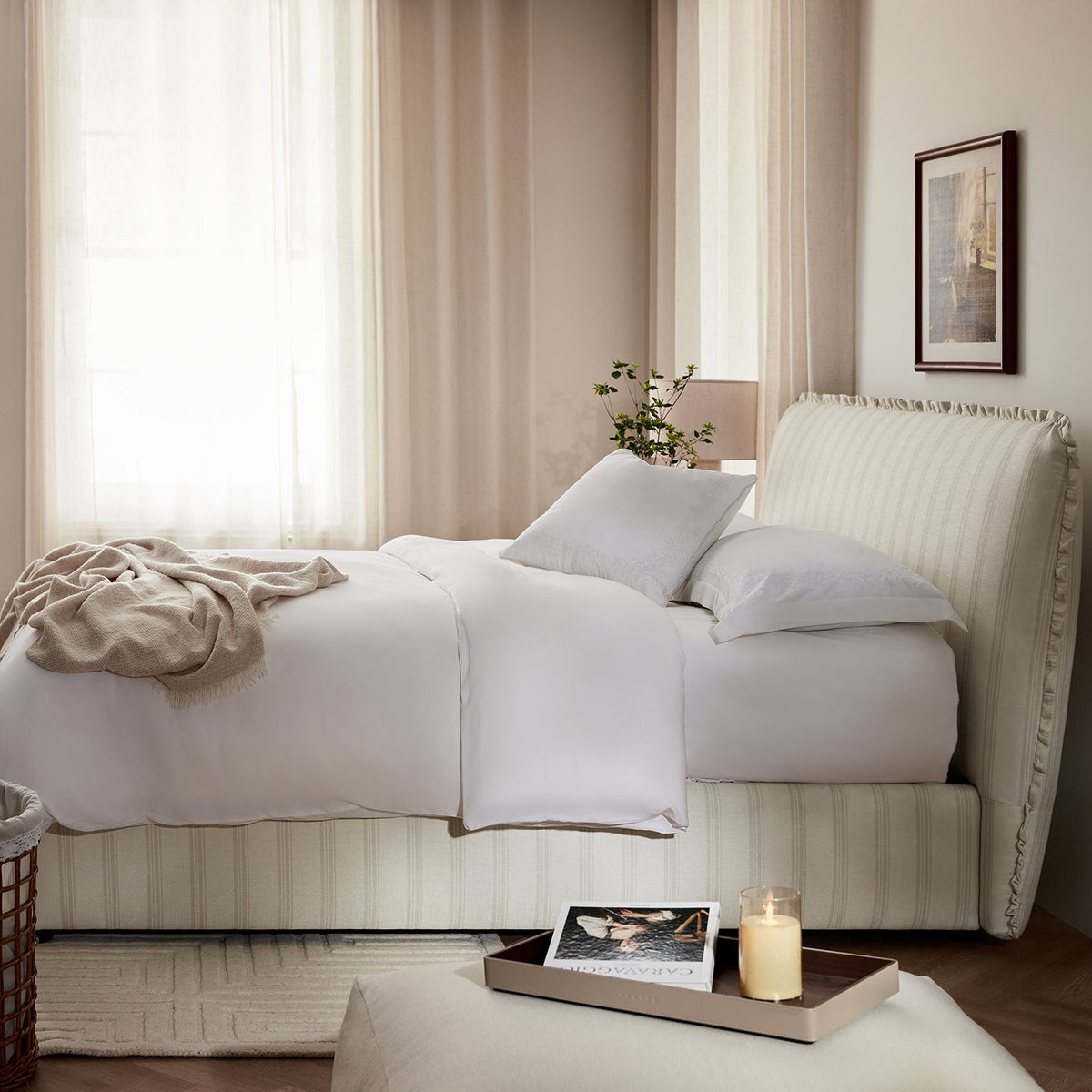 Celeste Upholstered Storage Bed with Ruffled Headboard in Seashell Stripe