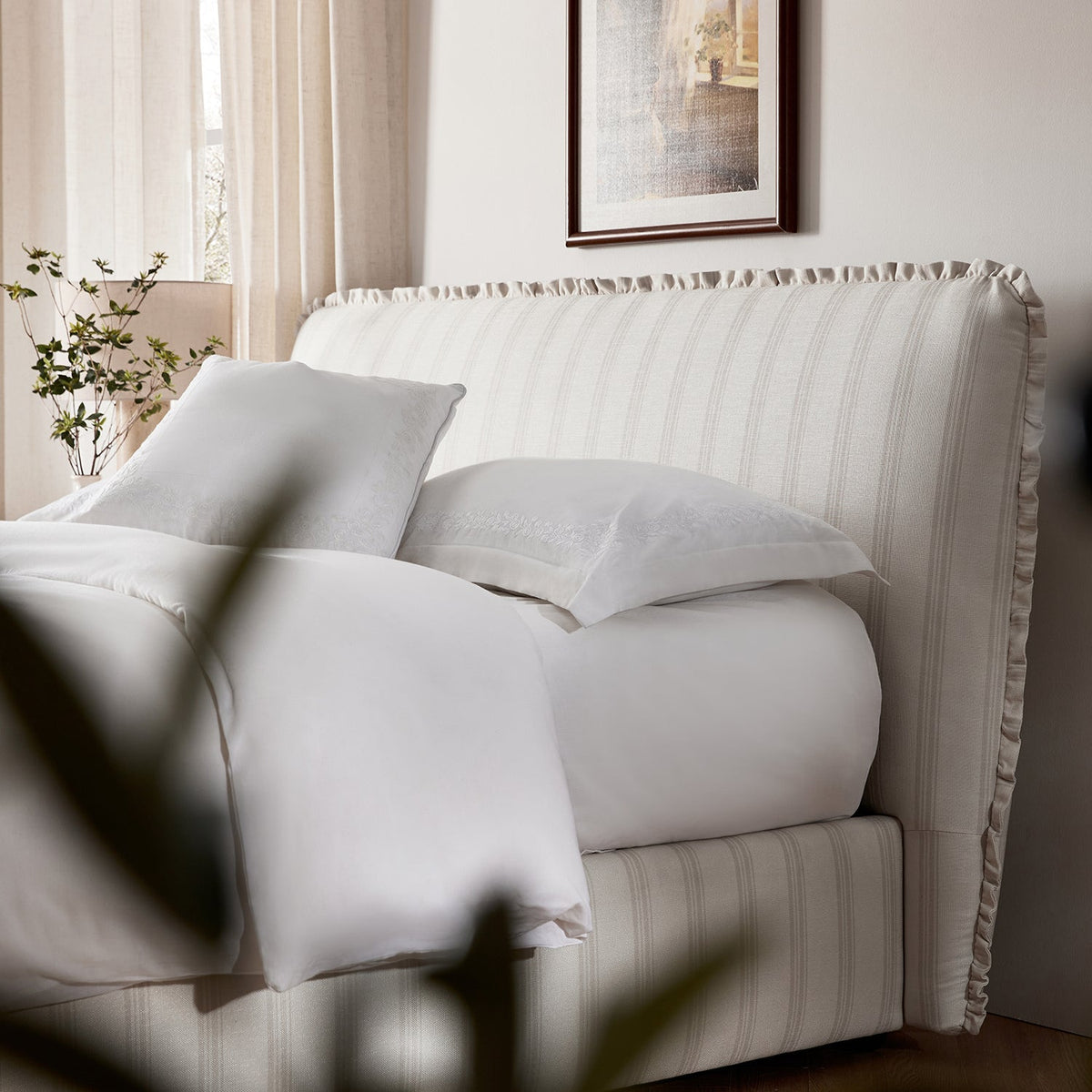 Celeste Upholstered Storage Bed with Ruffled Headboard in Seashell Stripe