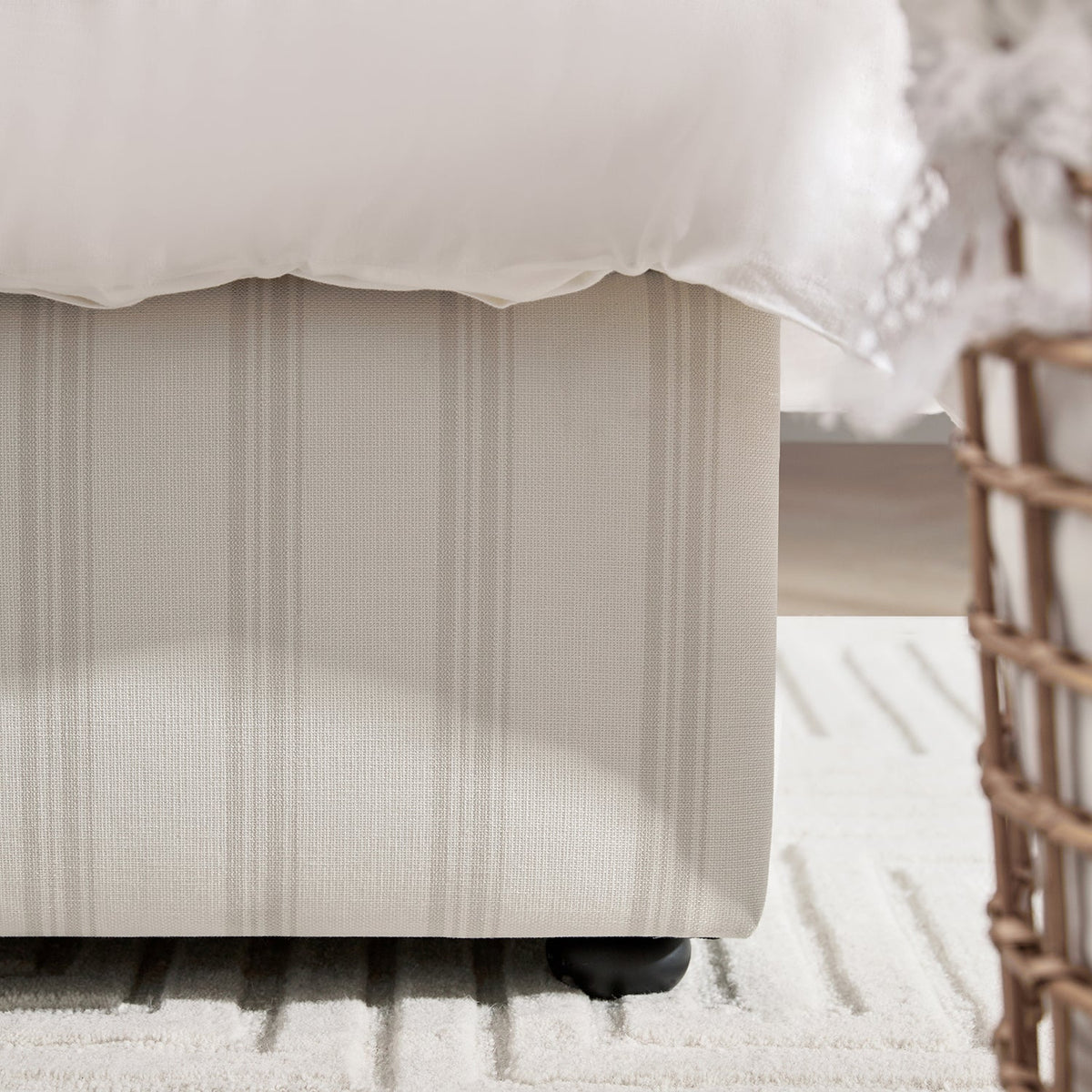 Celeste Upholstered Storage Bed with Ruffled Headboard in Seashell Stripe