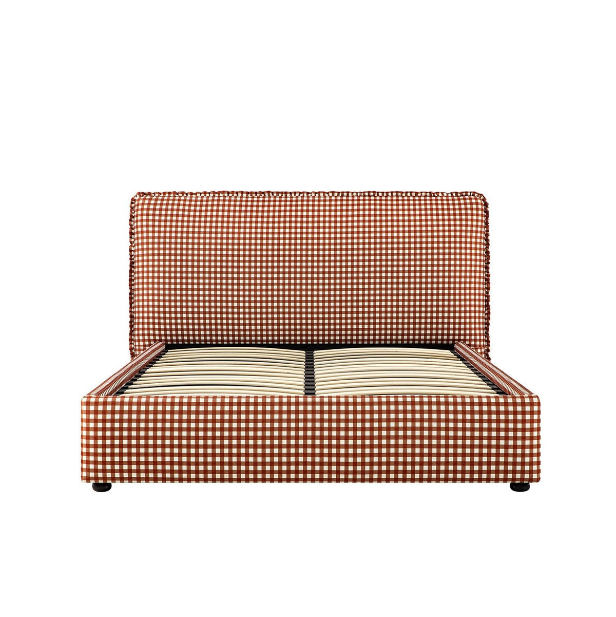 Celeste Upholstered Storage Bed with Ruffled Headboard in Brick Gingham