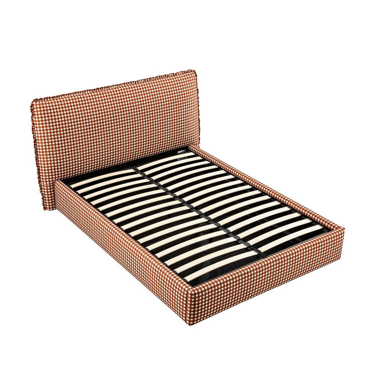 Celeste Upholstered Storage Bed with Ruffled Headboard in Brick Gingham