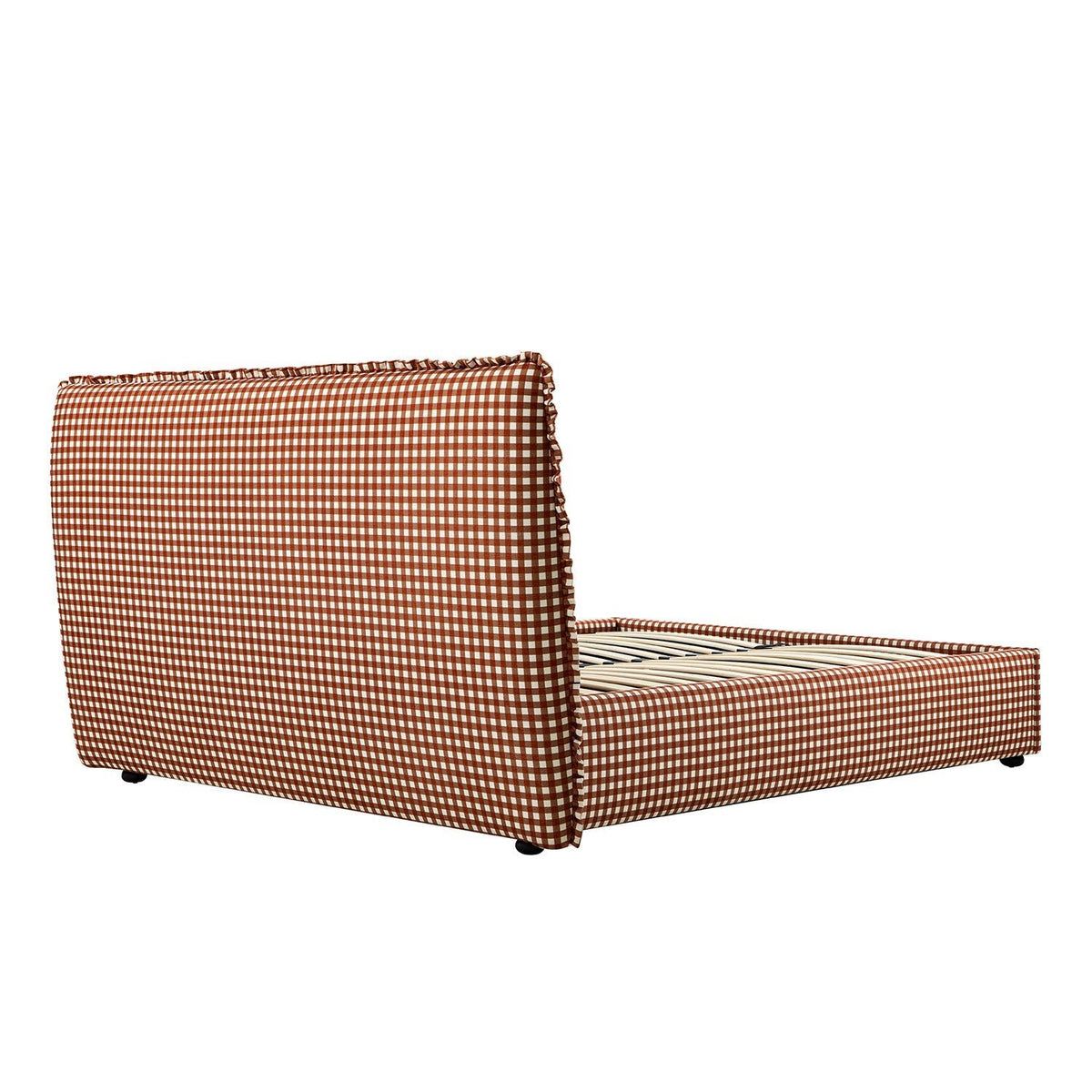 Celeste Upholstered Storage Bed with Ruffled Headboard in Brick Gingham