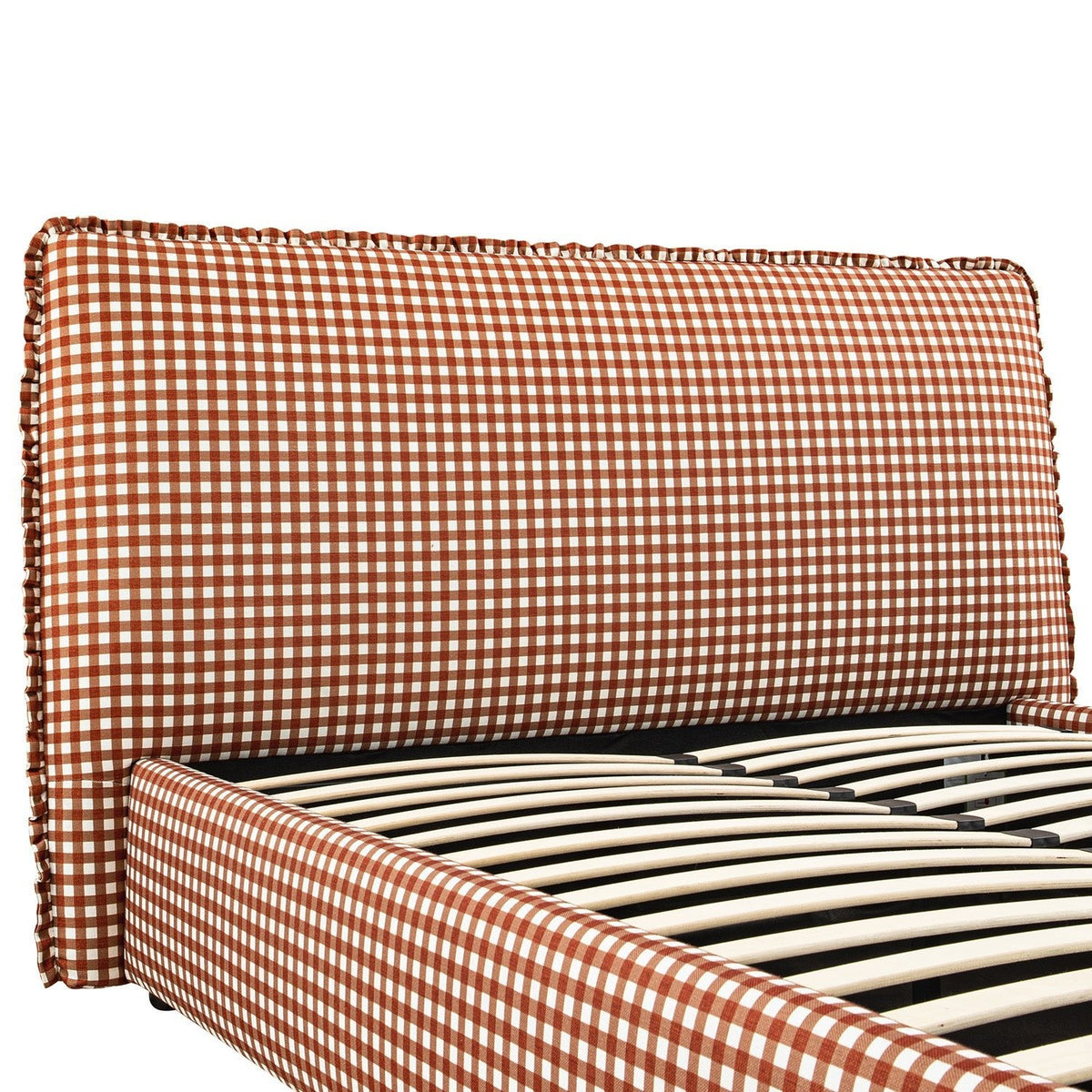 Celeste Upholstered Storage Bed with Ruffled Headboard in Brick Gingham