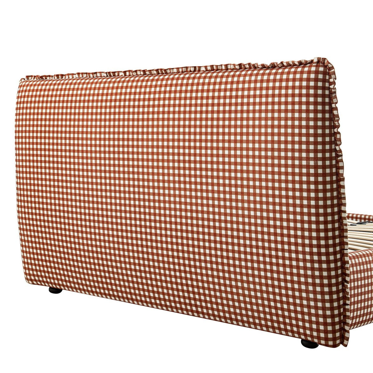 Celeste Upholstered Storage Bed with Ruffled Headboard in Brick Gingham