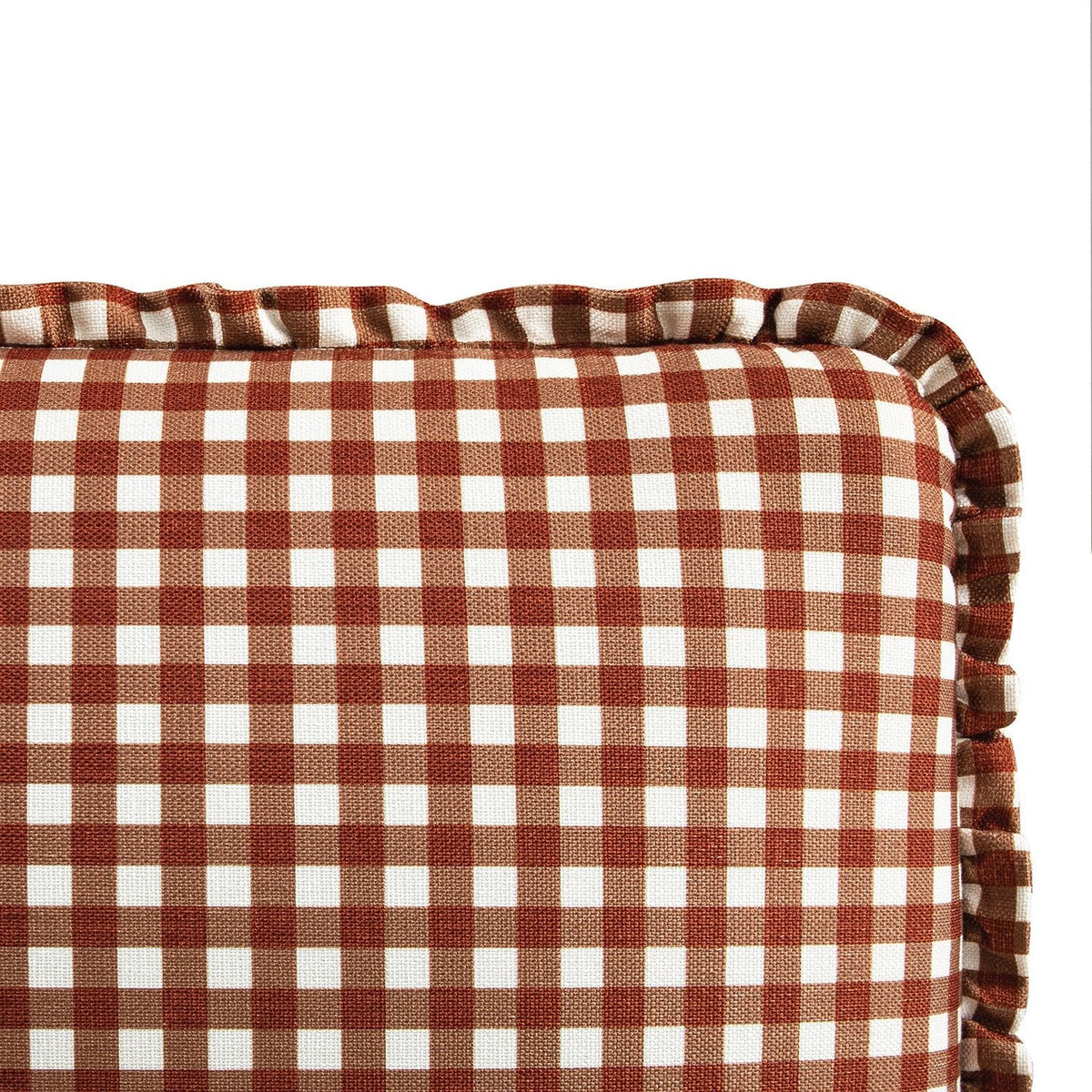 Celeste Upholstered Storage Bed with Ruffled Headboard in Brick Gingham