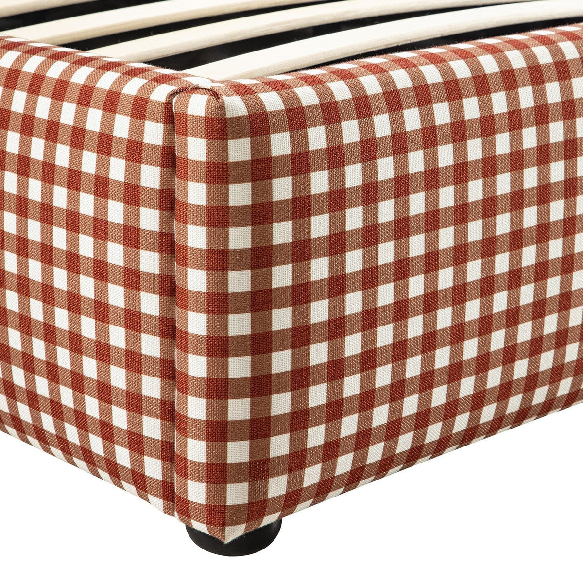 Celeste Upholstered Storage Bed with Ruffled Headboard in Brick Gingham