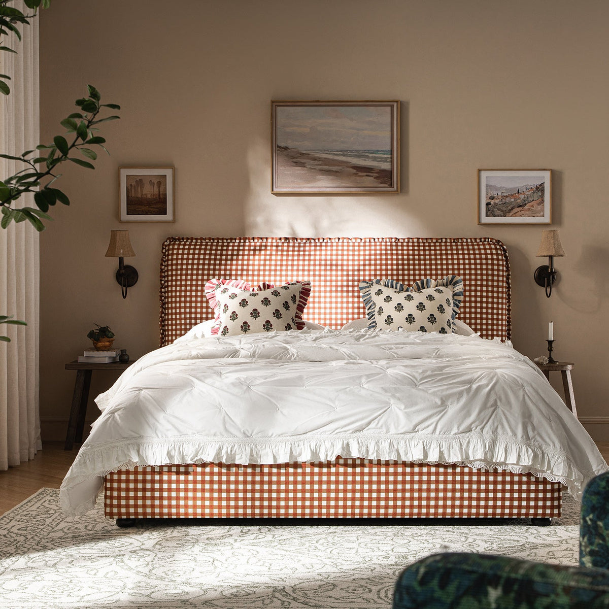 Celeste Upholstered Storage Bed with Ruffled Headboard in Brick Gingham