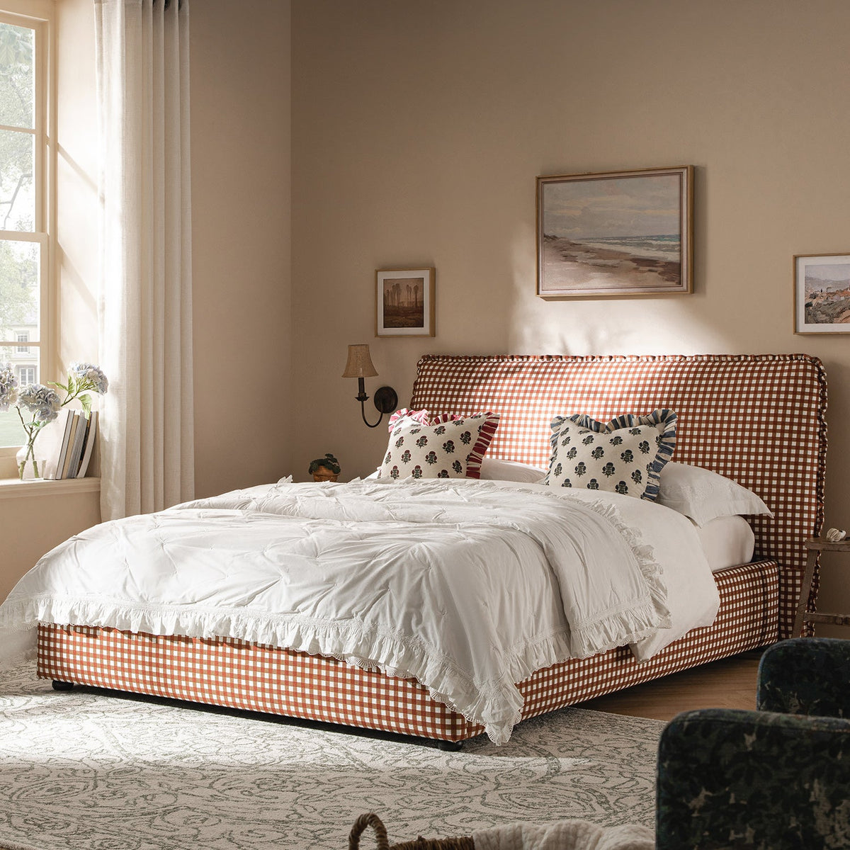 Celeste Upholstered Storage Bed with Ruffled Headboard in Brick Gingham