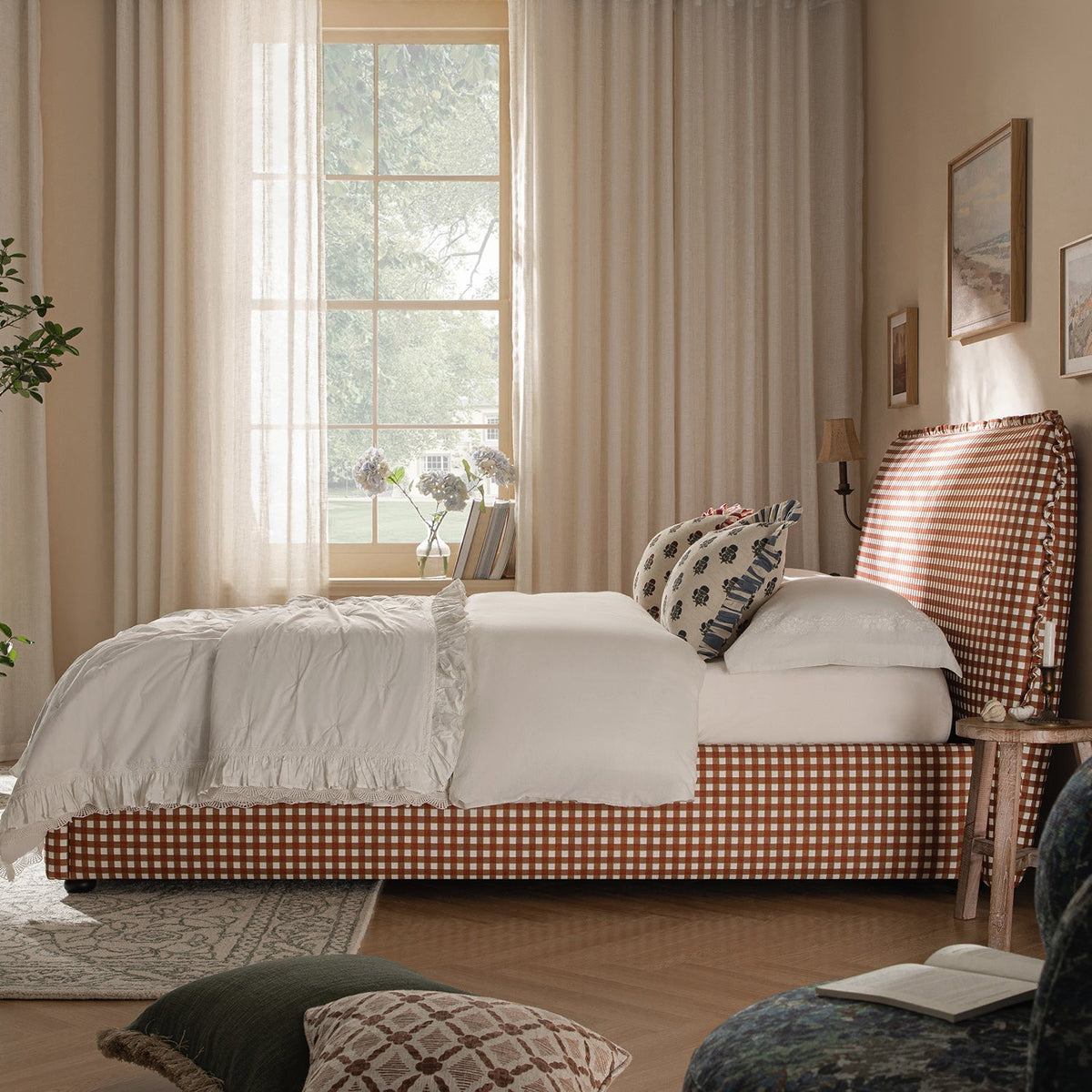 Celeste Upholstered Storage Bed with Ruffled Headboard in Brick Gingham