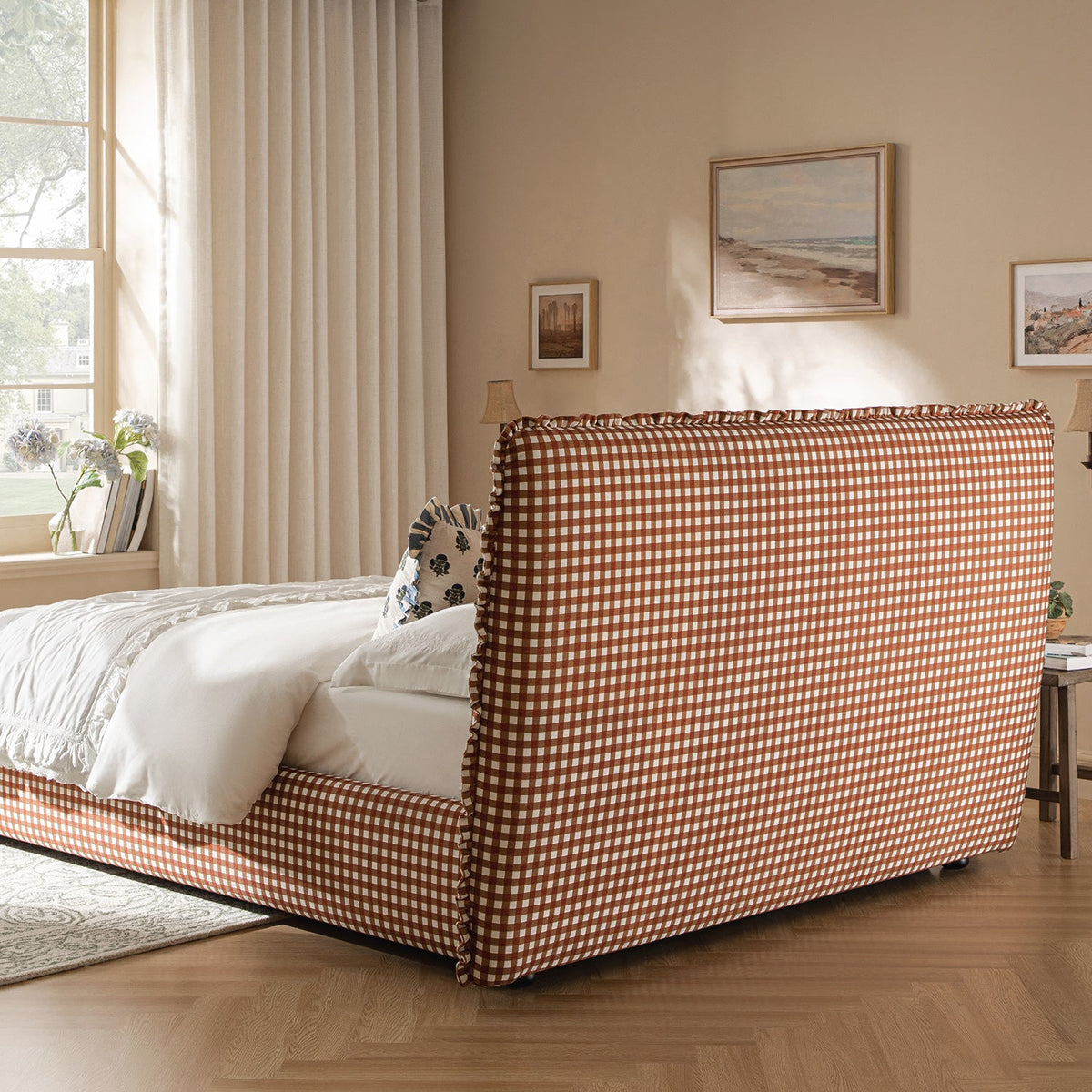 Celeste Upholstered Storage Bed with Ruffled Headboard in Brick Gingham