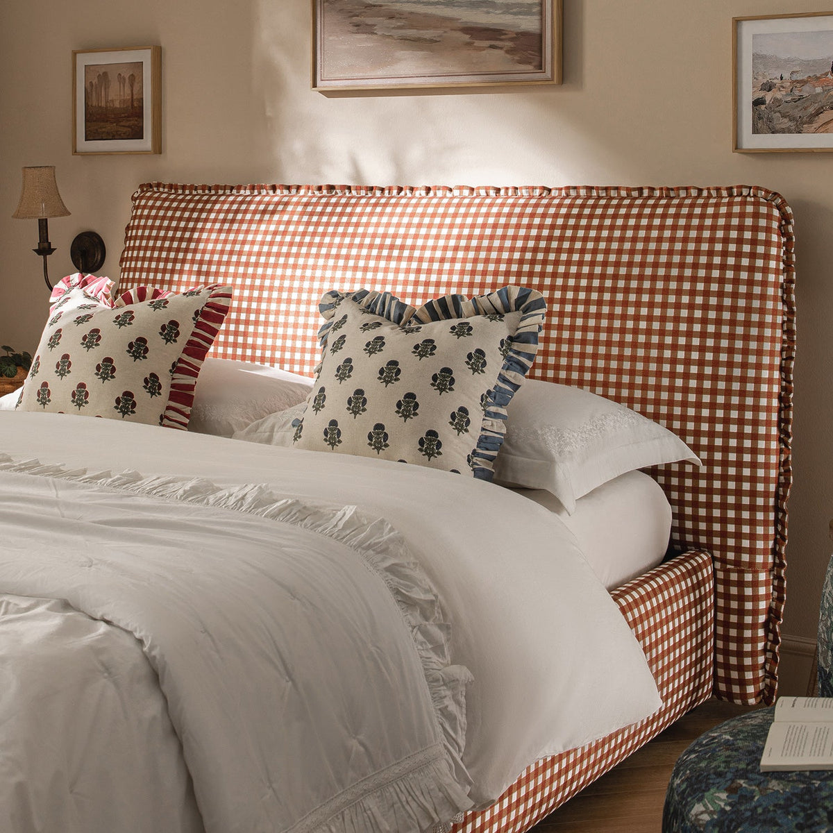 Celeste Upholstered Storage Bed with Ruffled Headboard in Brick Gingham
