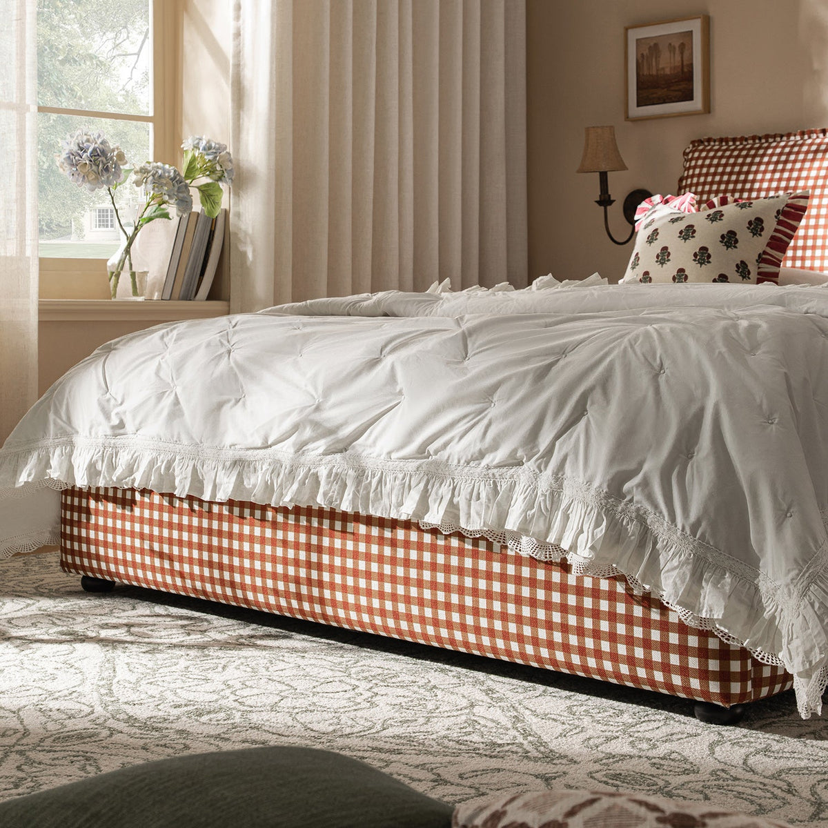 Celeste Upholstered Storage Bed with Ruffled Headboard in Brick Gingham