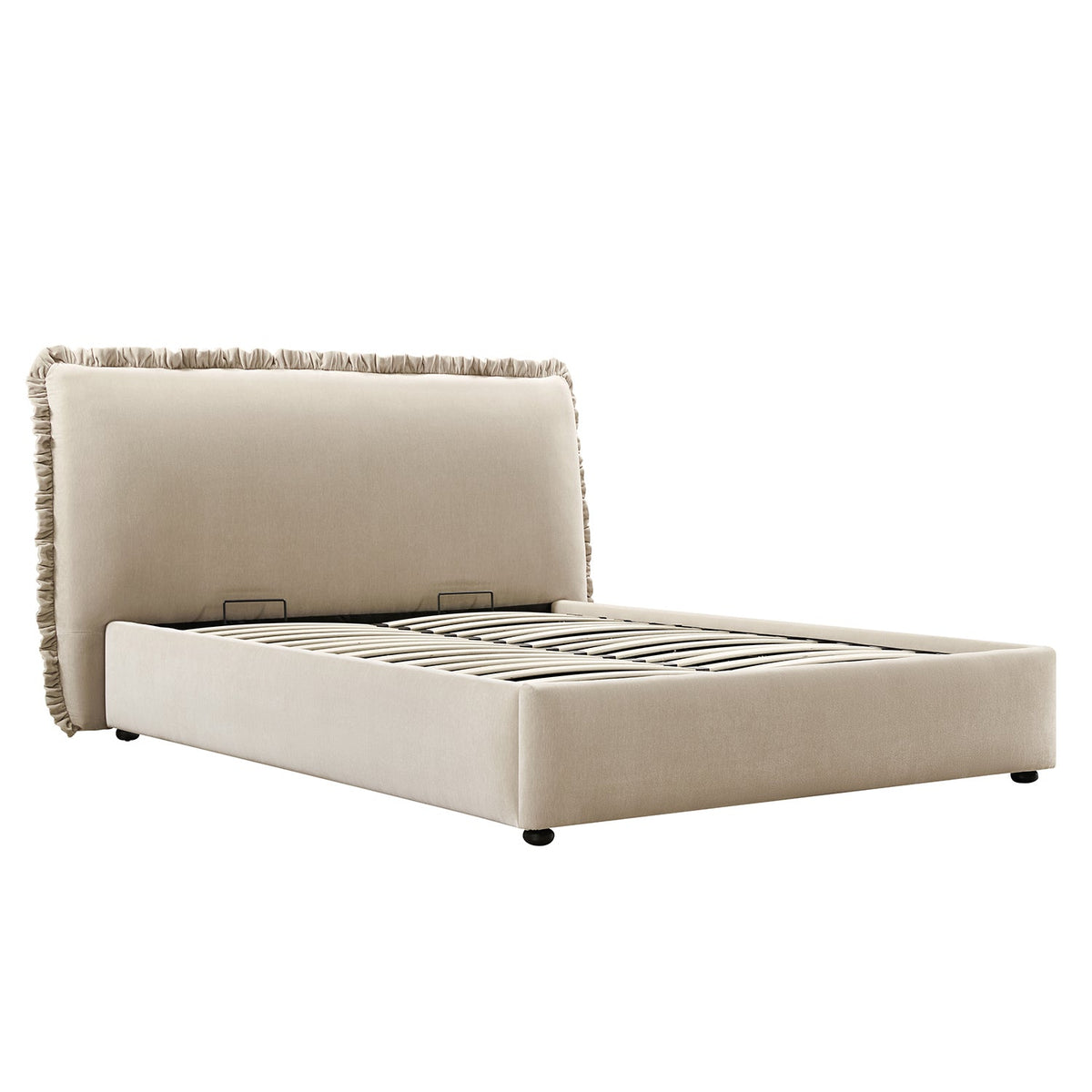 Celeste Upholstered Storage Bed with Ruffled Headboard in Fawn Chenille