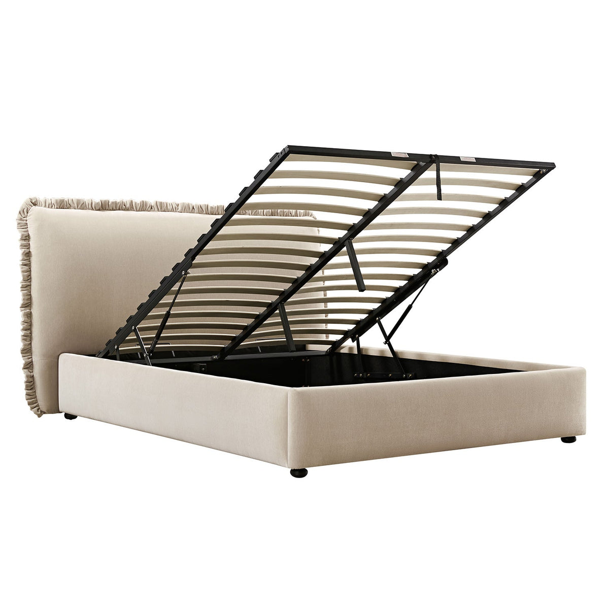 Celeste Upholstered Storage Bed with Ruffled Headboard in Fawn Chenille