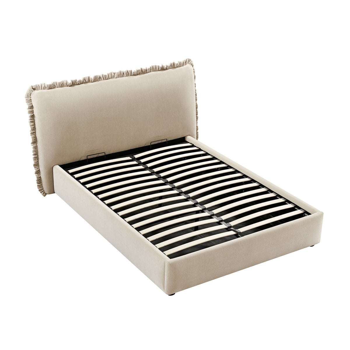 Celeste Upholstered Storage Bed with Ruffled Headboard in Fawn Chenille