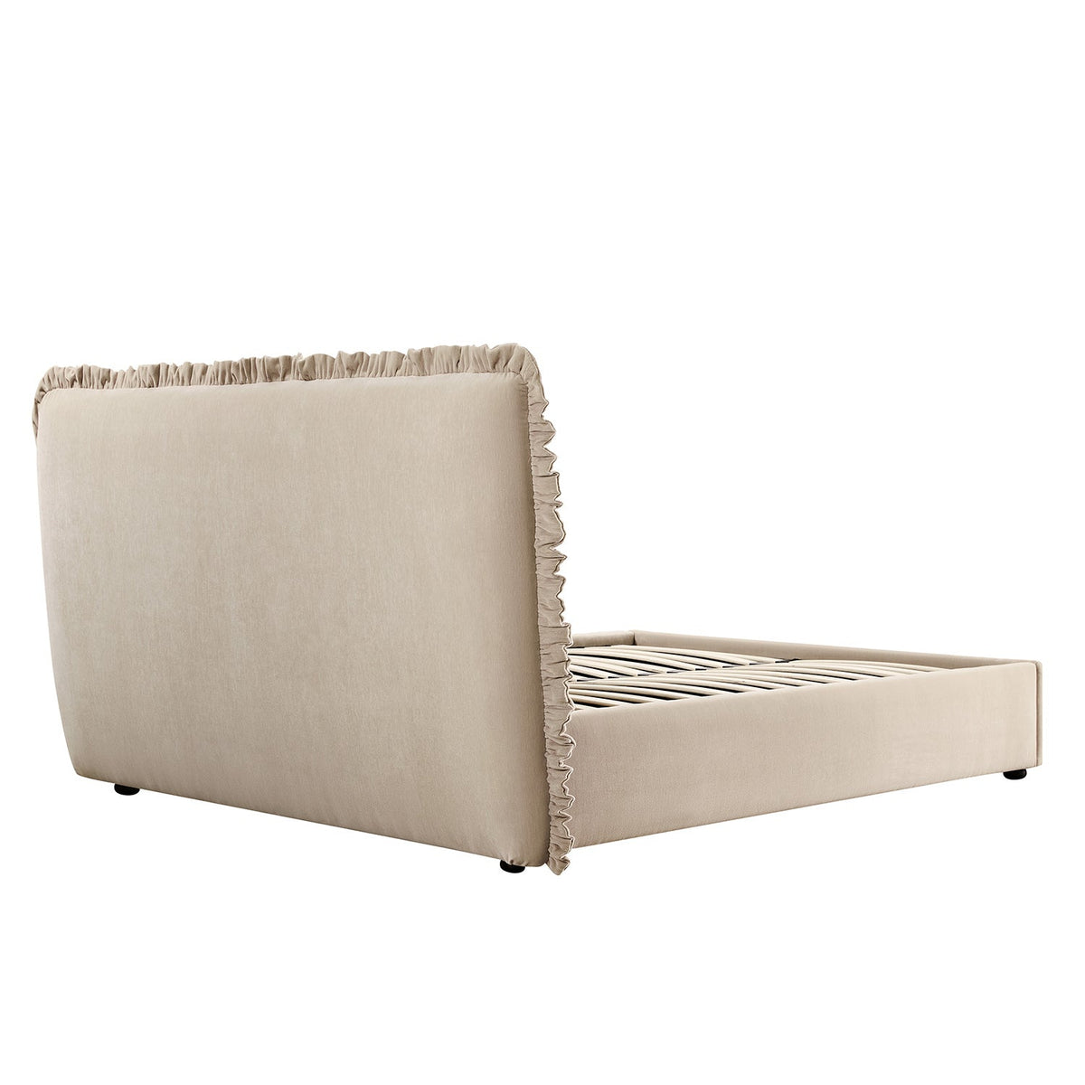 Celeste Upholstered Storage Bed with Ruffled Headboard in Fawn Chenille